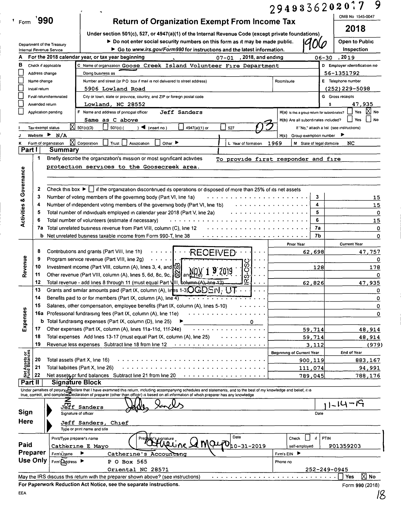 Image of first page of 2018 Form 990 for Goosecreek Island Volunteer Fire Department