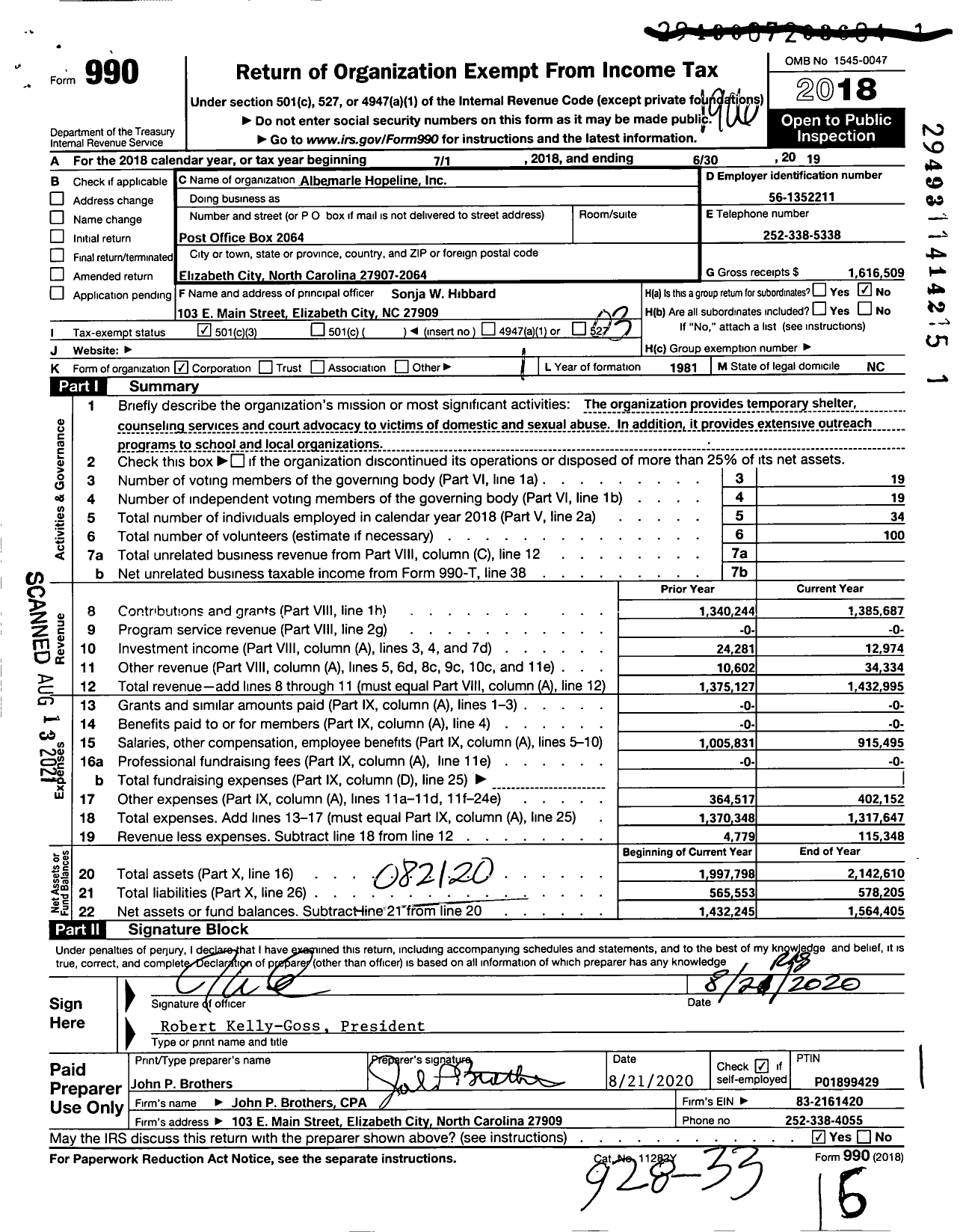 Image of first page of 2018 Form 990 for Albemarle Hopeline