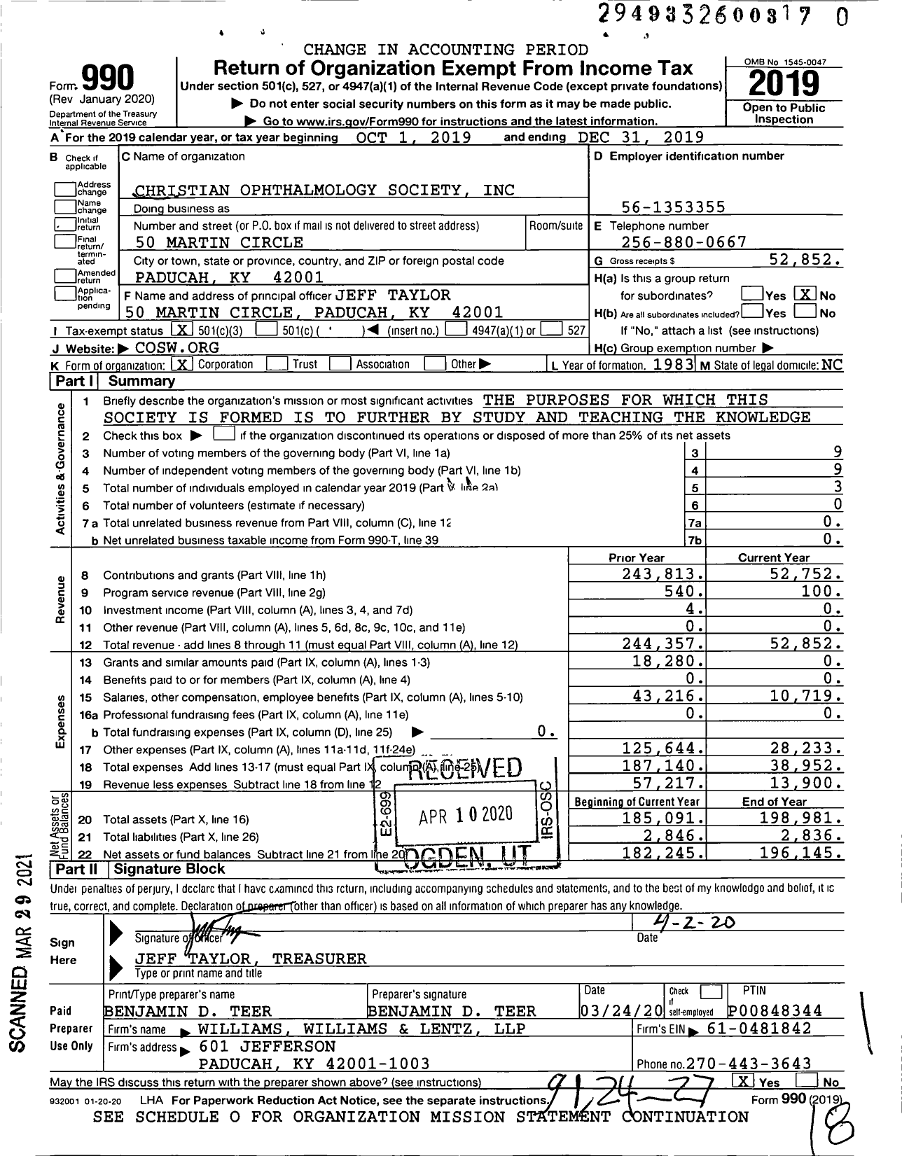 Image of first page of 2019 Form 990 for CHRISTIAN OPHTHALMOLOGY SOCiety