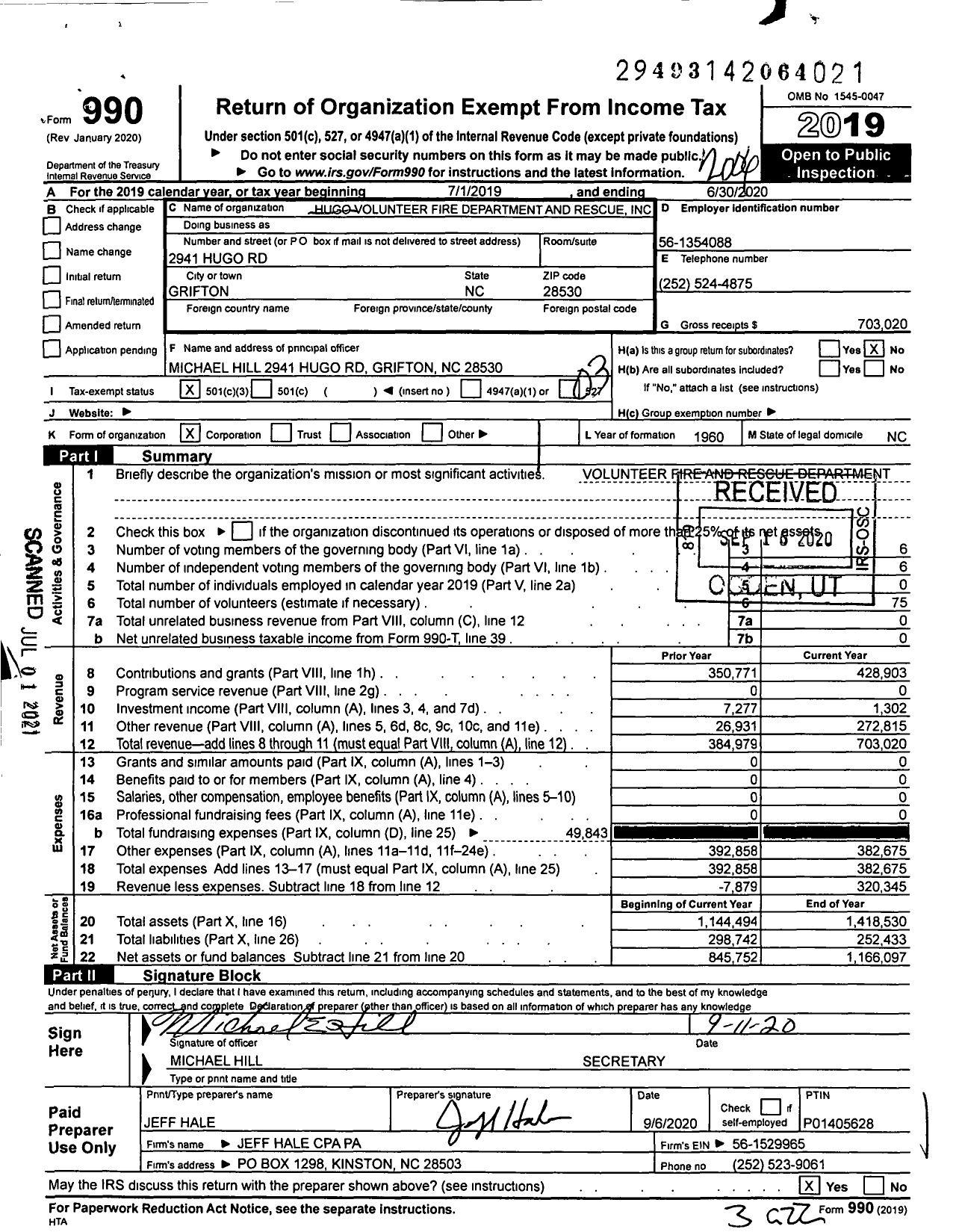 Image of first page of 2019 Form 990 for Hugo Volunteer Fire Department and Rescue