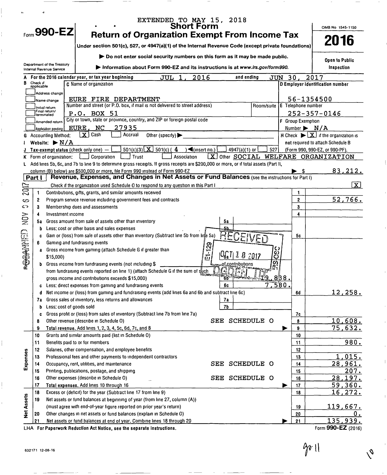 Image of first page of 2016 Form 990EO for Eure Fire Department