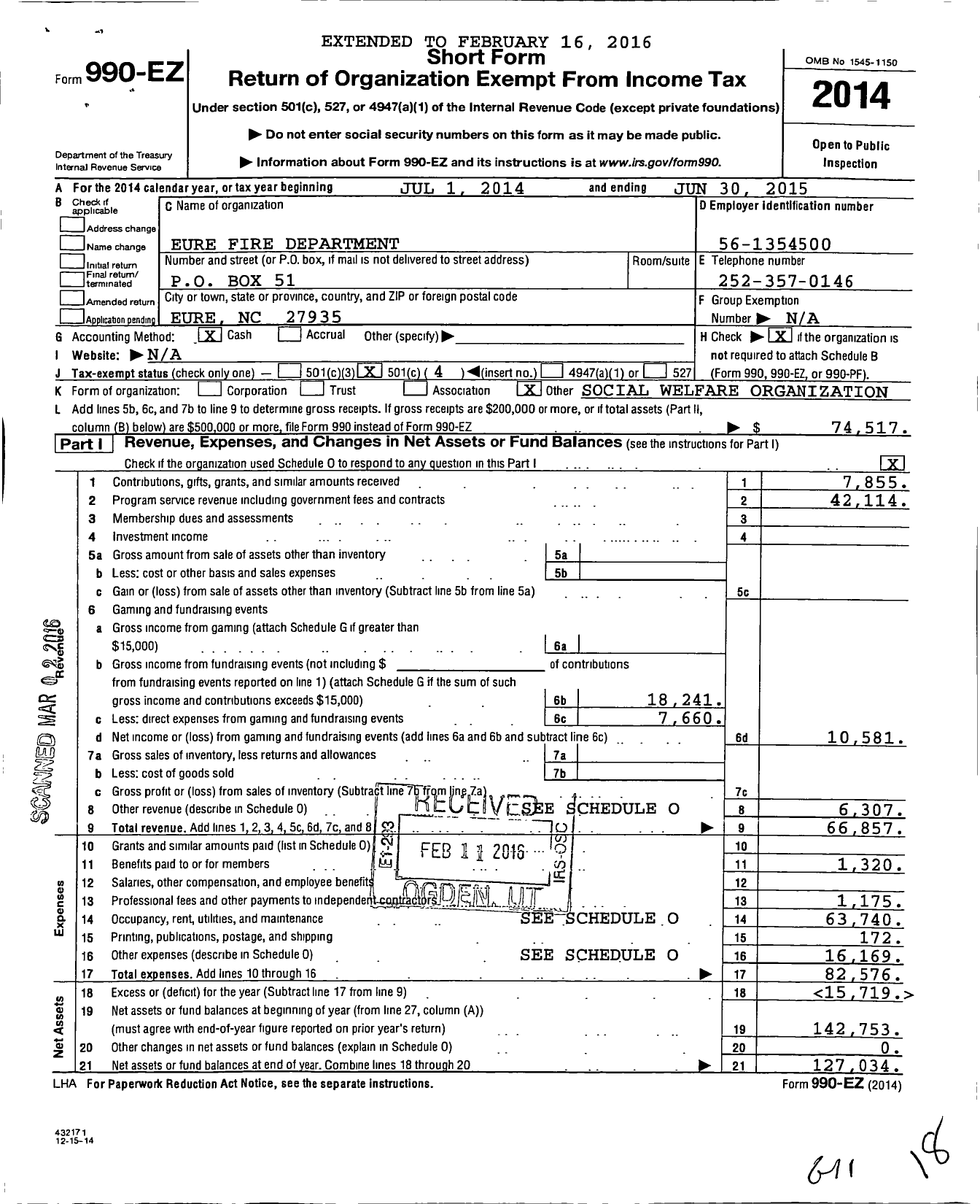 Image of first page of 2014 Form 990EO for Eure Fire Department
