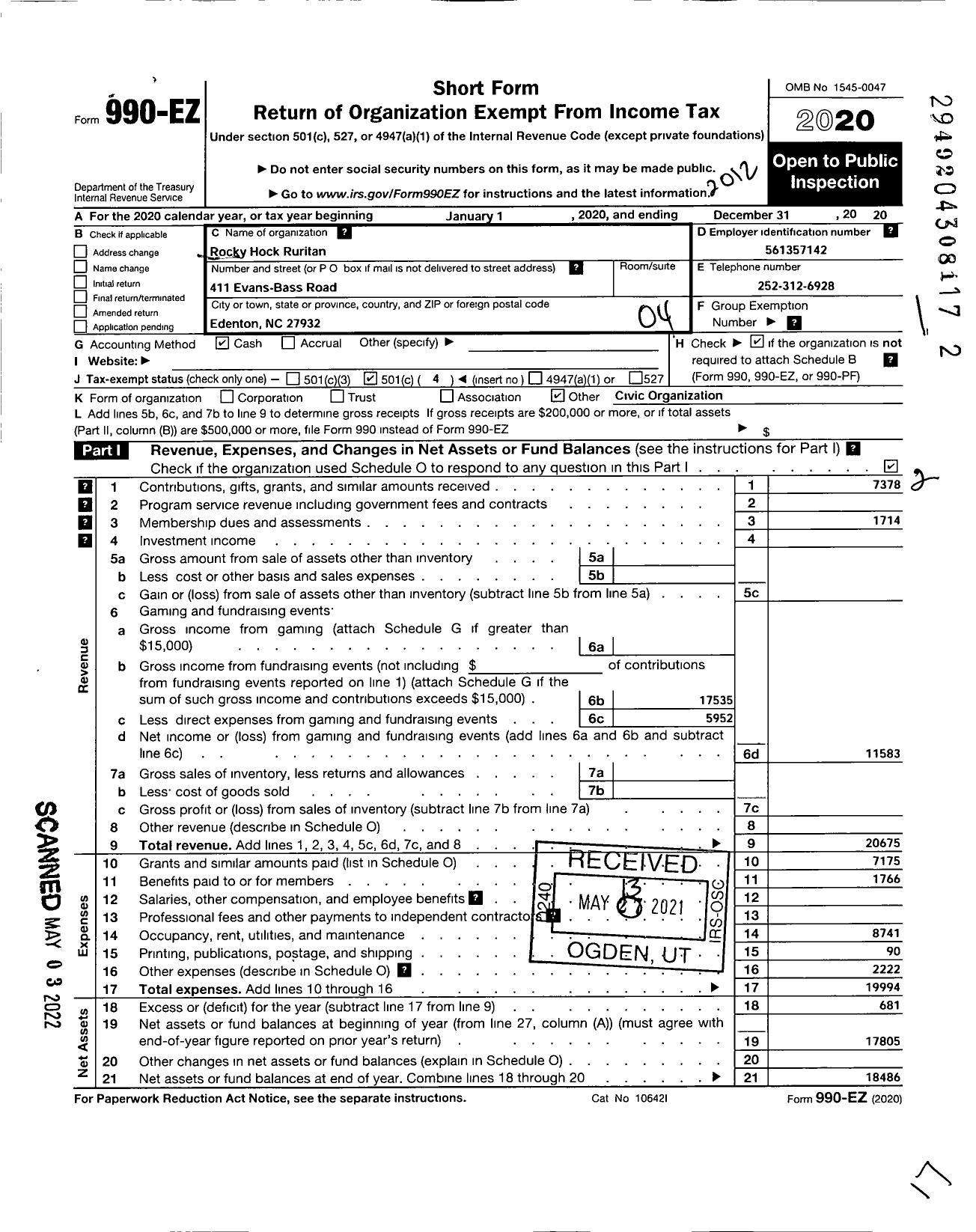 Image of first page of 2020 Form 990EO for Ruritan - Rocky Hock