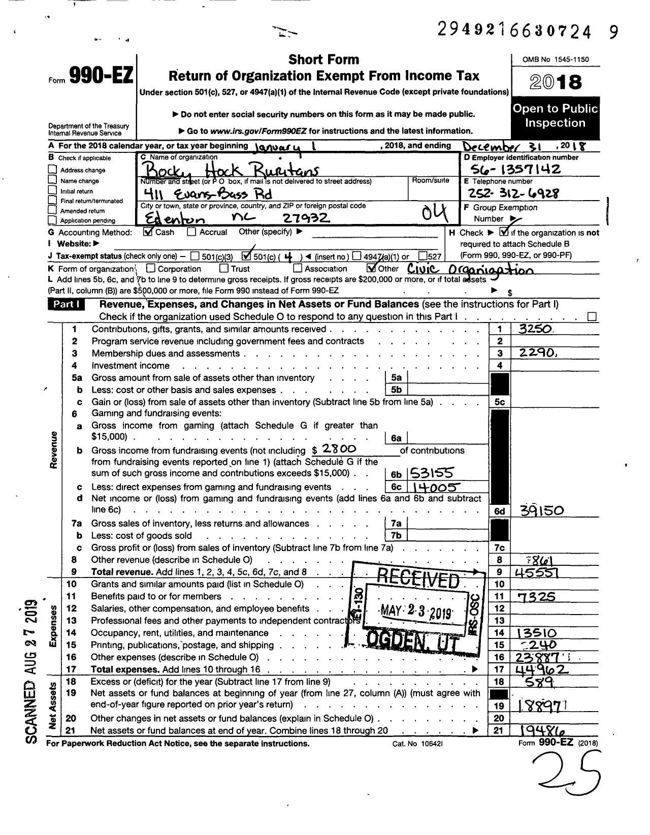 Image of first page of 2018 Form 990EO for Ruritan - Rocky Hock