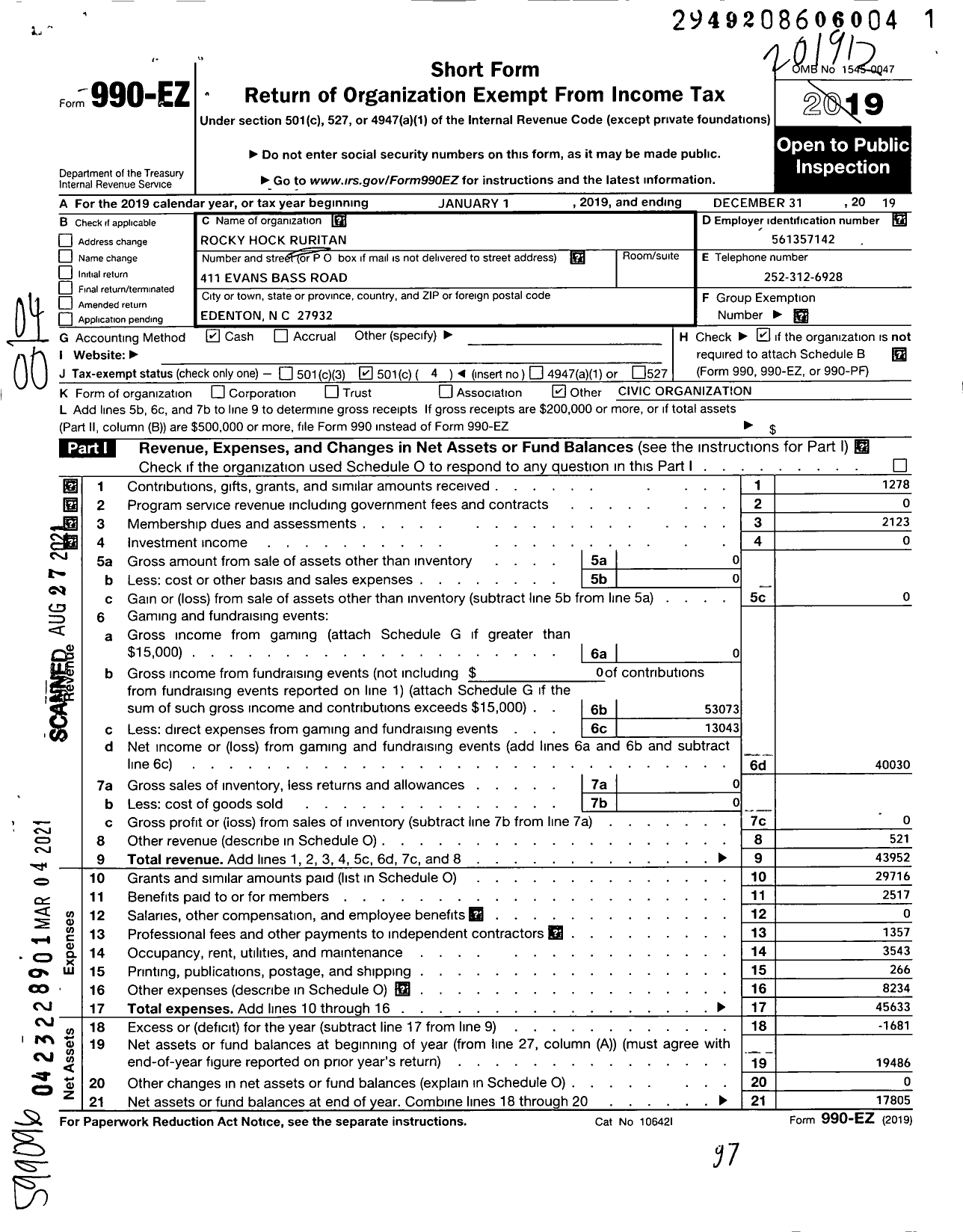 Image of first page of 2019 Form 990EO for Ruritan - Rocky Hock