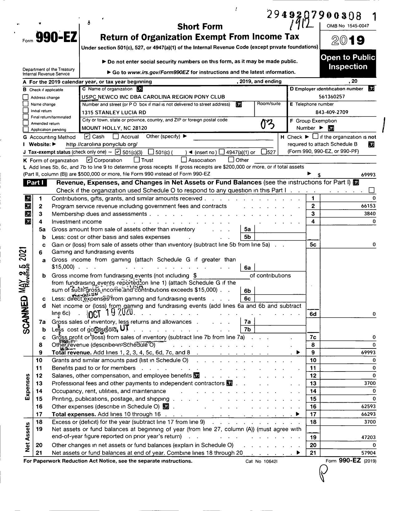 Image of first page of 2019 Form 990EZ for The United State Pony Clubs / Carolina Region Pony Club