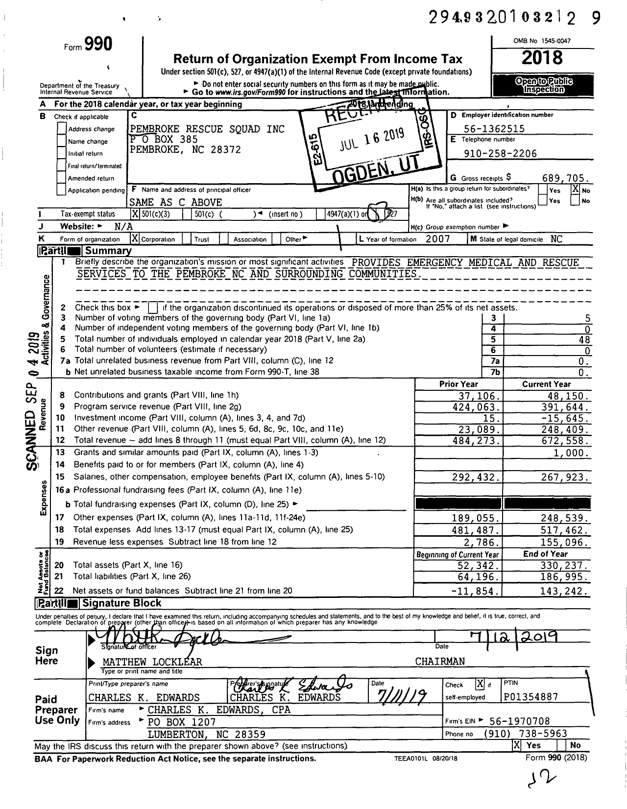 Image of first page of 2018 Form 990 for Pembroke Rescue Squad