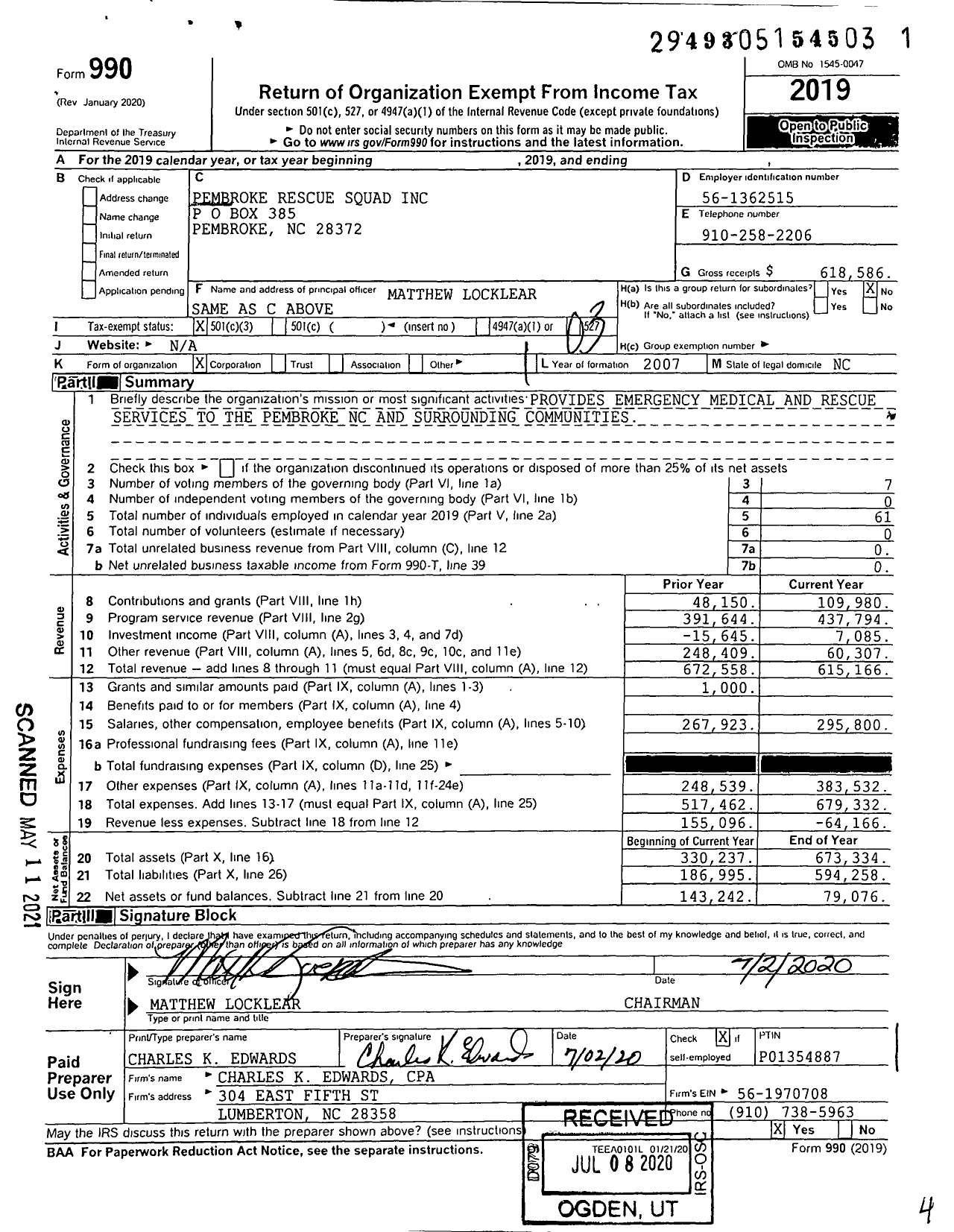 Image of first page of 2019 Form 990 for Pembroke Rescue Squad