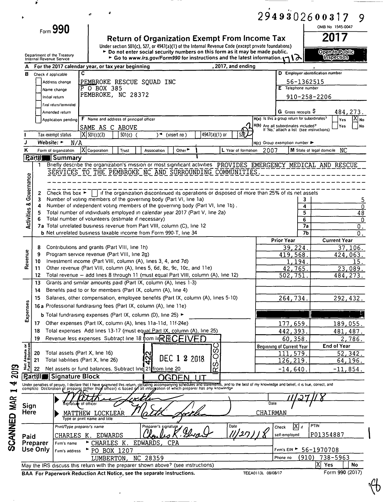 Image of first page of 2017 Form 990 for Pembroke Rescue Squad