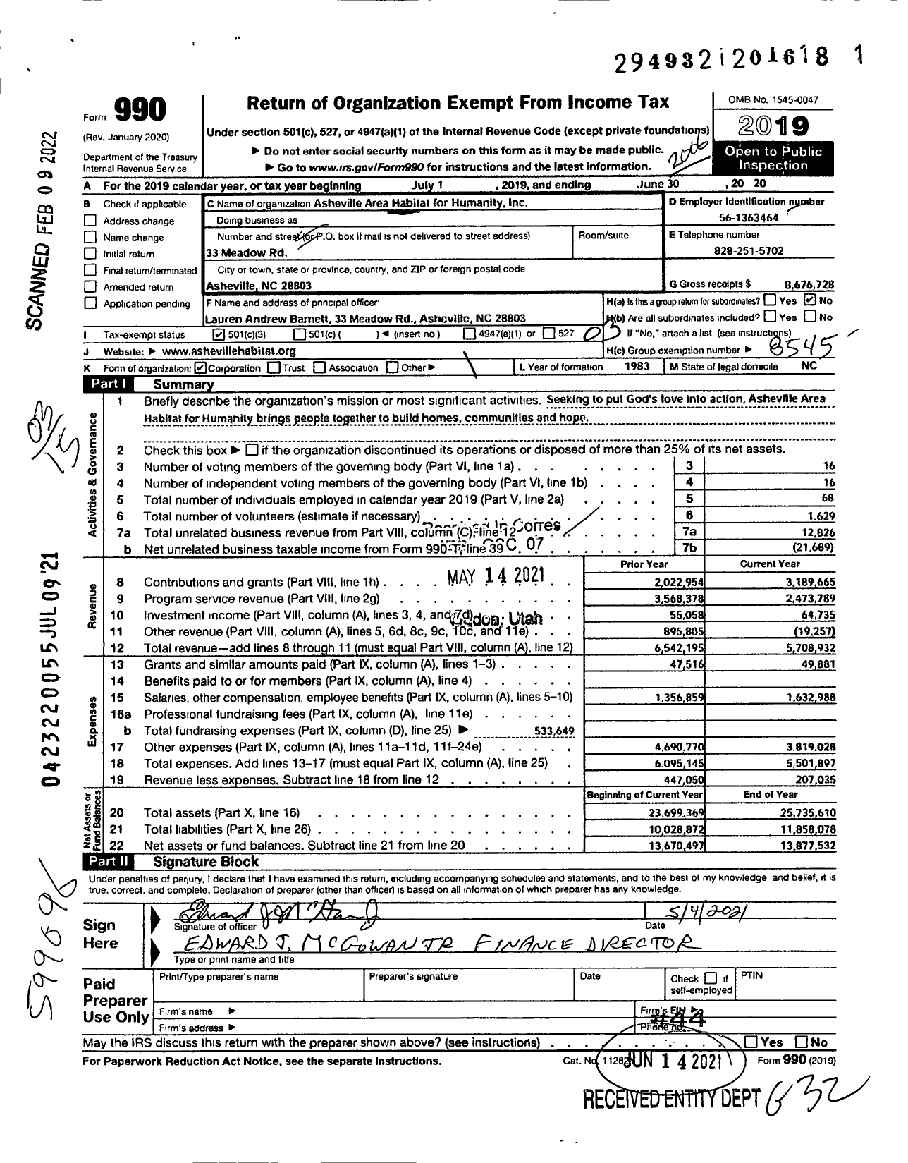 Image of first page of 2019 Form 990 for Habitat for Humanity - Asheville Area HFH