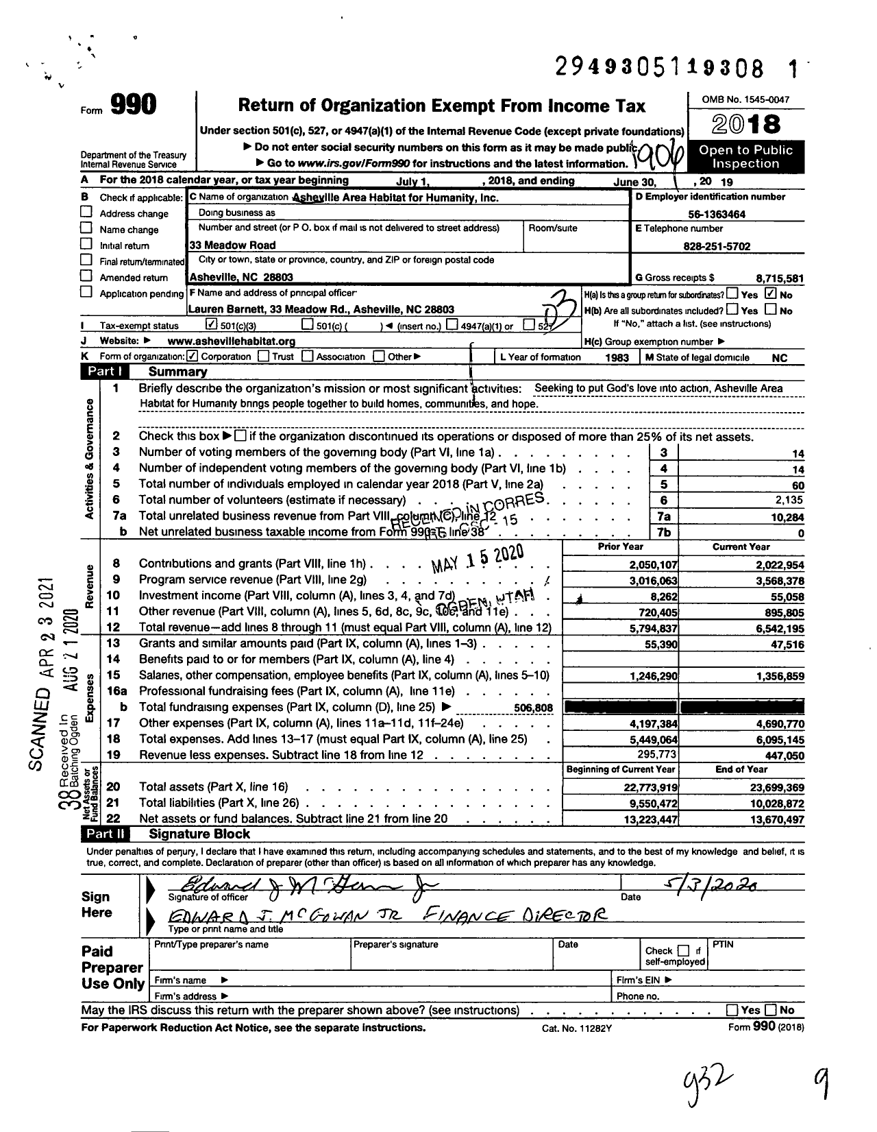 Image of first page of 2018 Form 990 for Habitat for Humanity - Asheville Area HFH