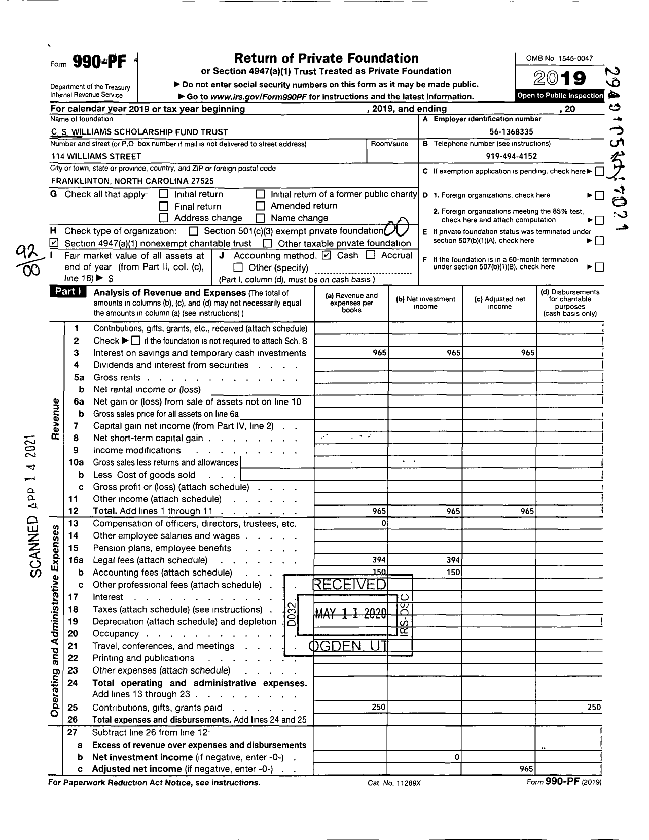 Image of first page of 2019 Form 990PF for C S Williams Scholarship Fund Trust