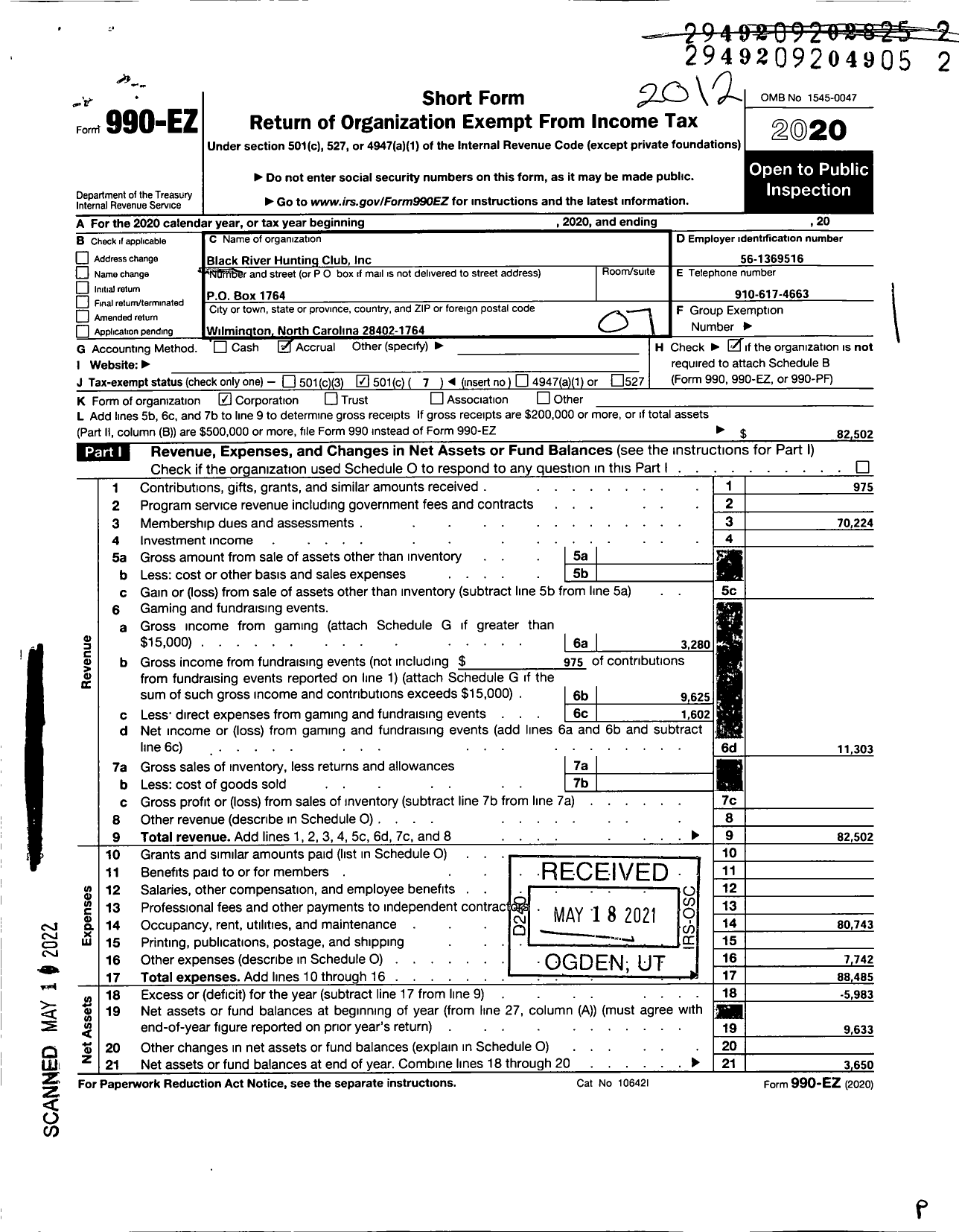 Image of first page of 2020 Form 990EO for Black River Hunting Club