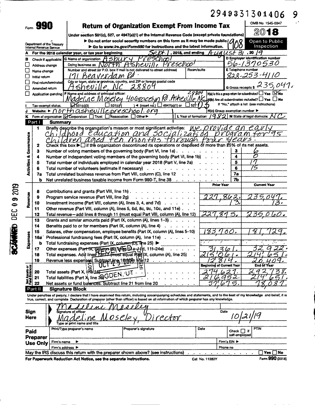 Image of first page of 2018 Form 990 for North Asheville Preschool (NAPS)