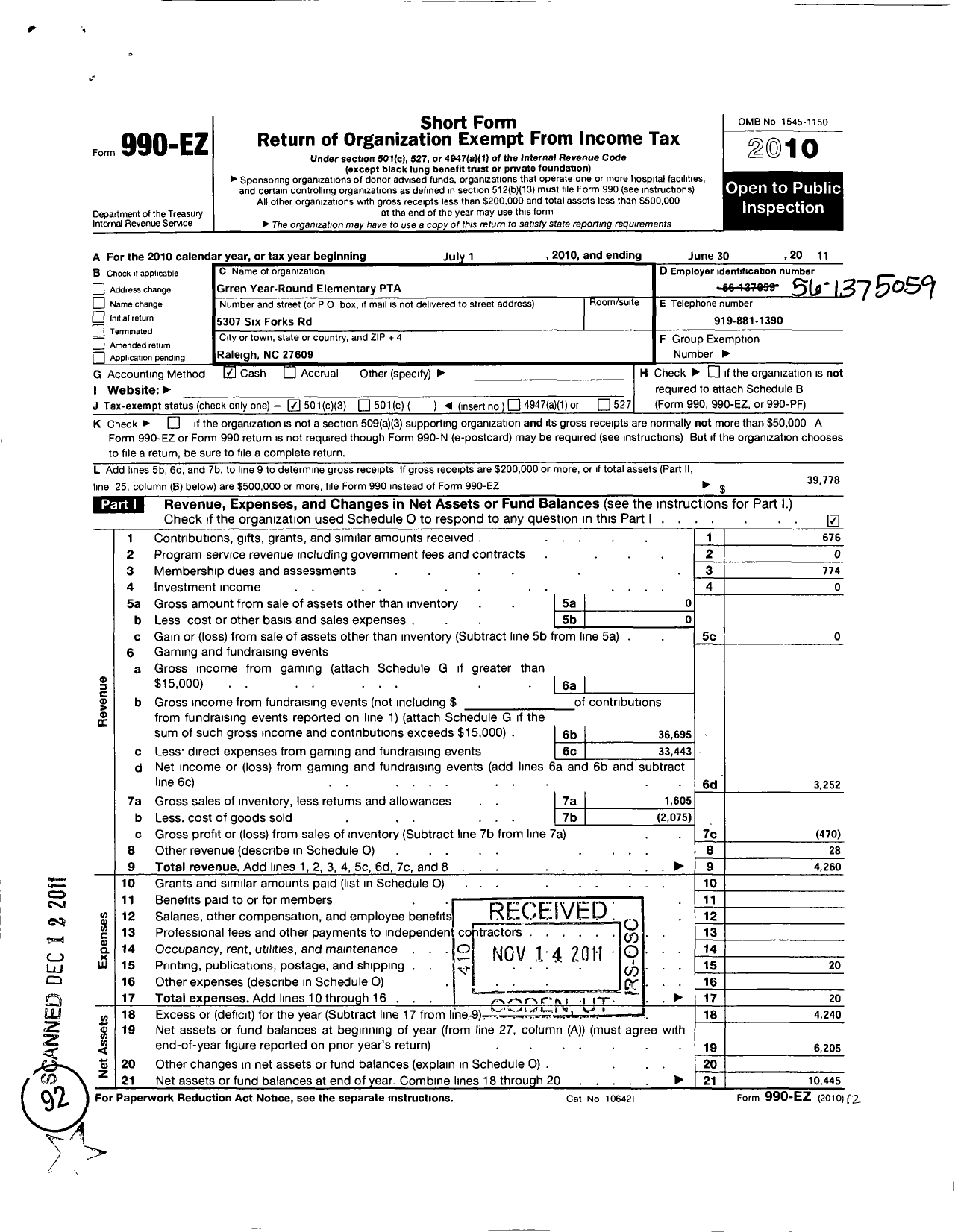 Image of first page of 2010 Form 990EZ for North Carolina PTA - Green Elementary School PTA