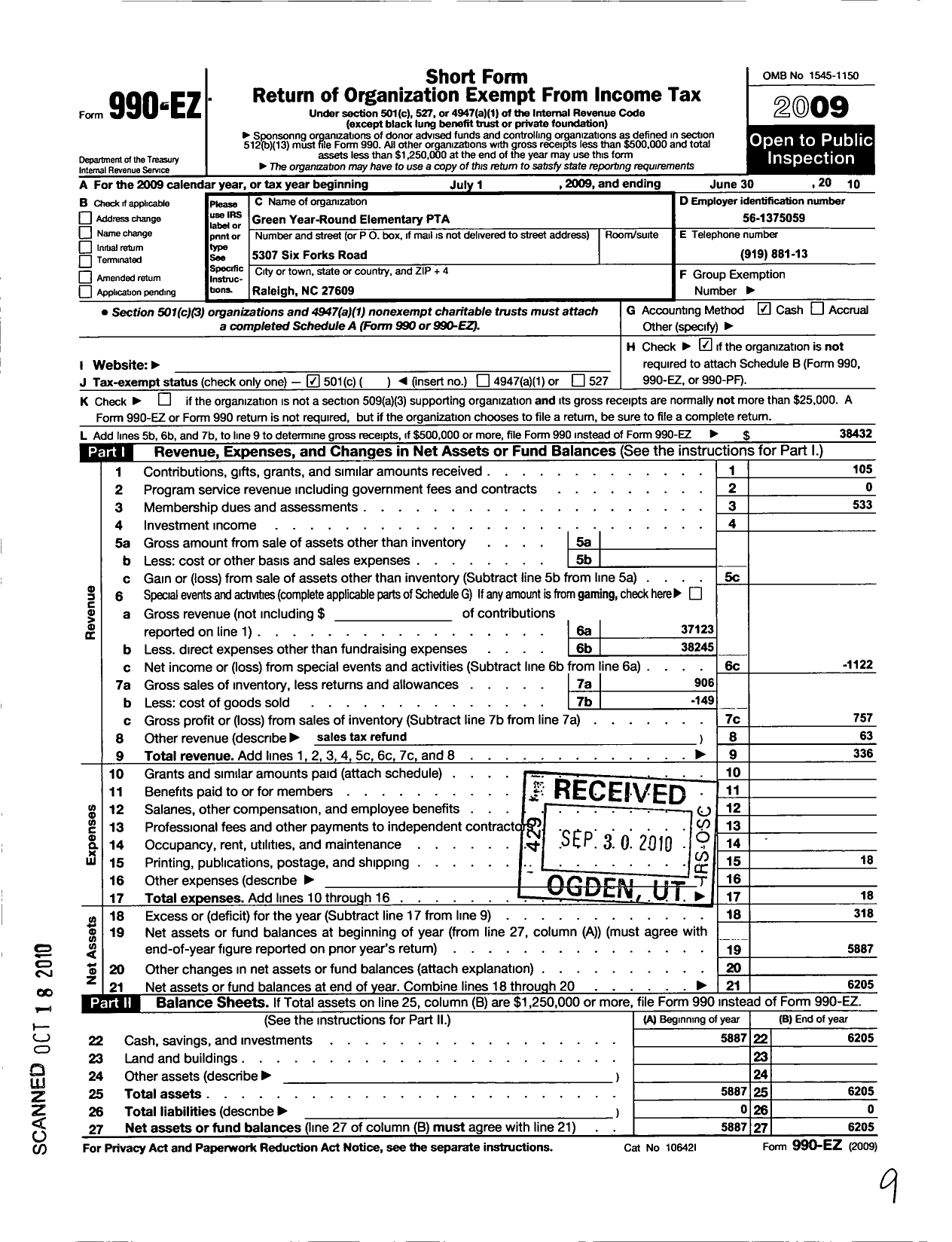 Image of first page of 2009 Form 990EO for North Carolina PTA - Green Elementary School PTA