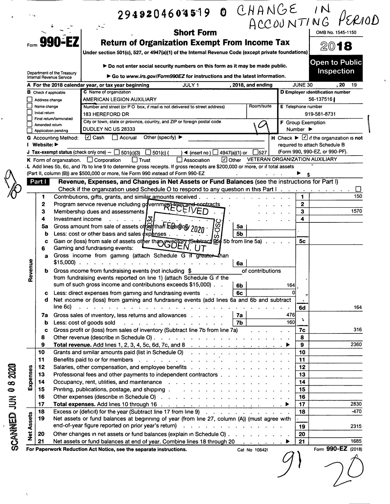 Image of first page of 2018 Form 990EO for American Legion Auxiliary