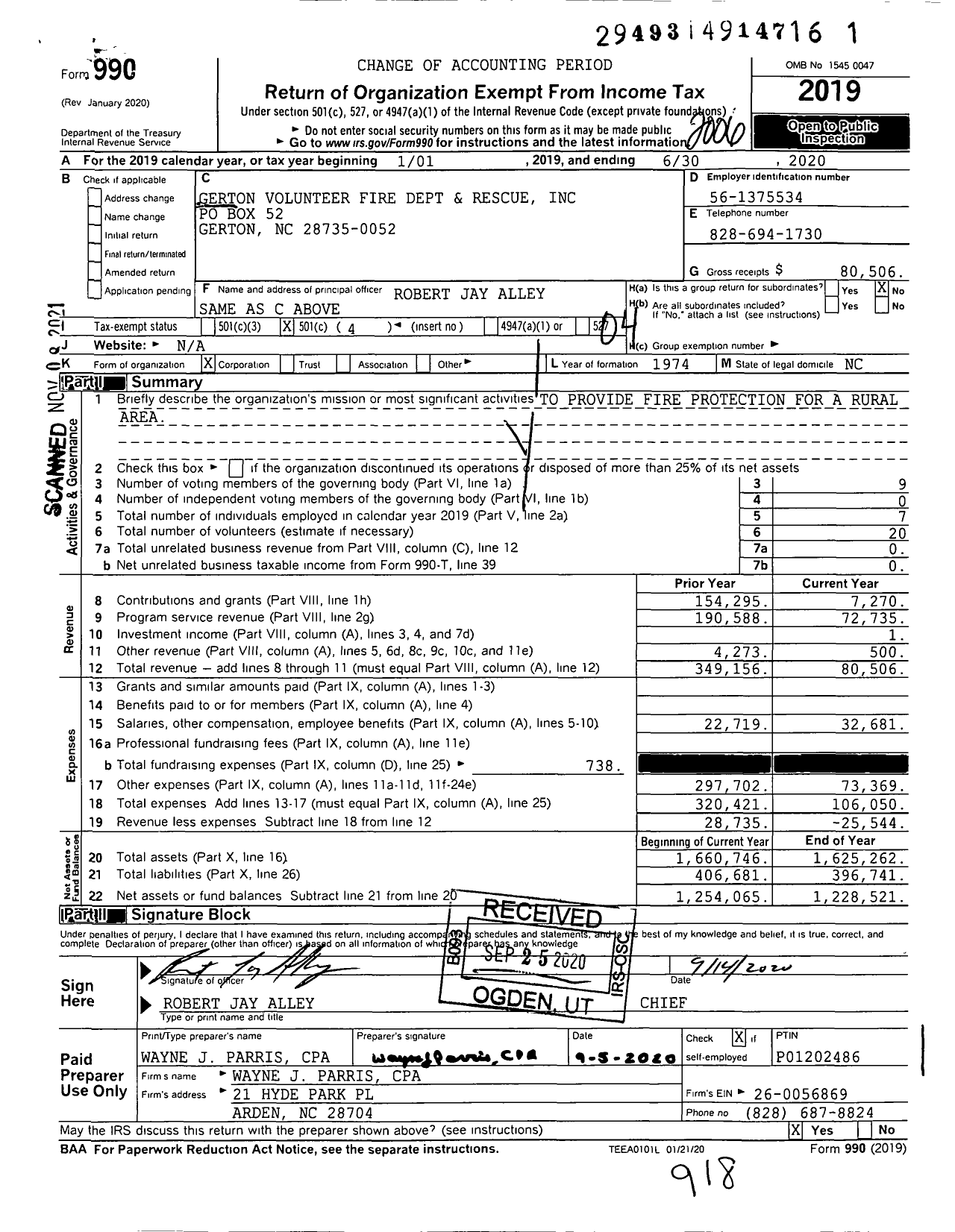 Image of first page of 2019 Form 990O for Gerton Volunteer Fire Dept and Rescue