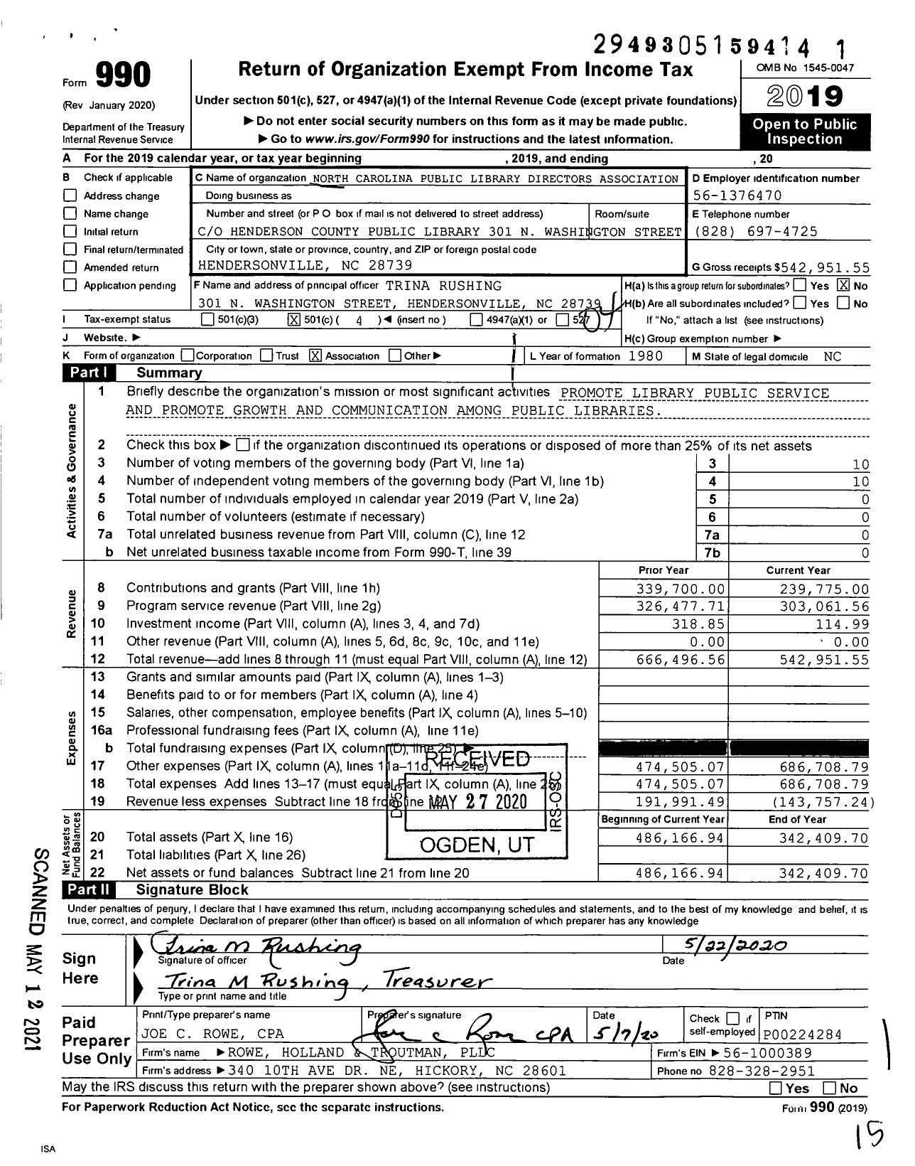 Image of first page of 2019 Form 990O for NC Public Library Directors Association