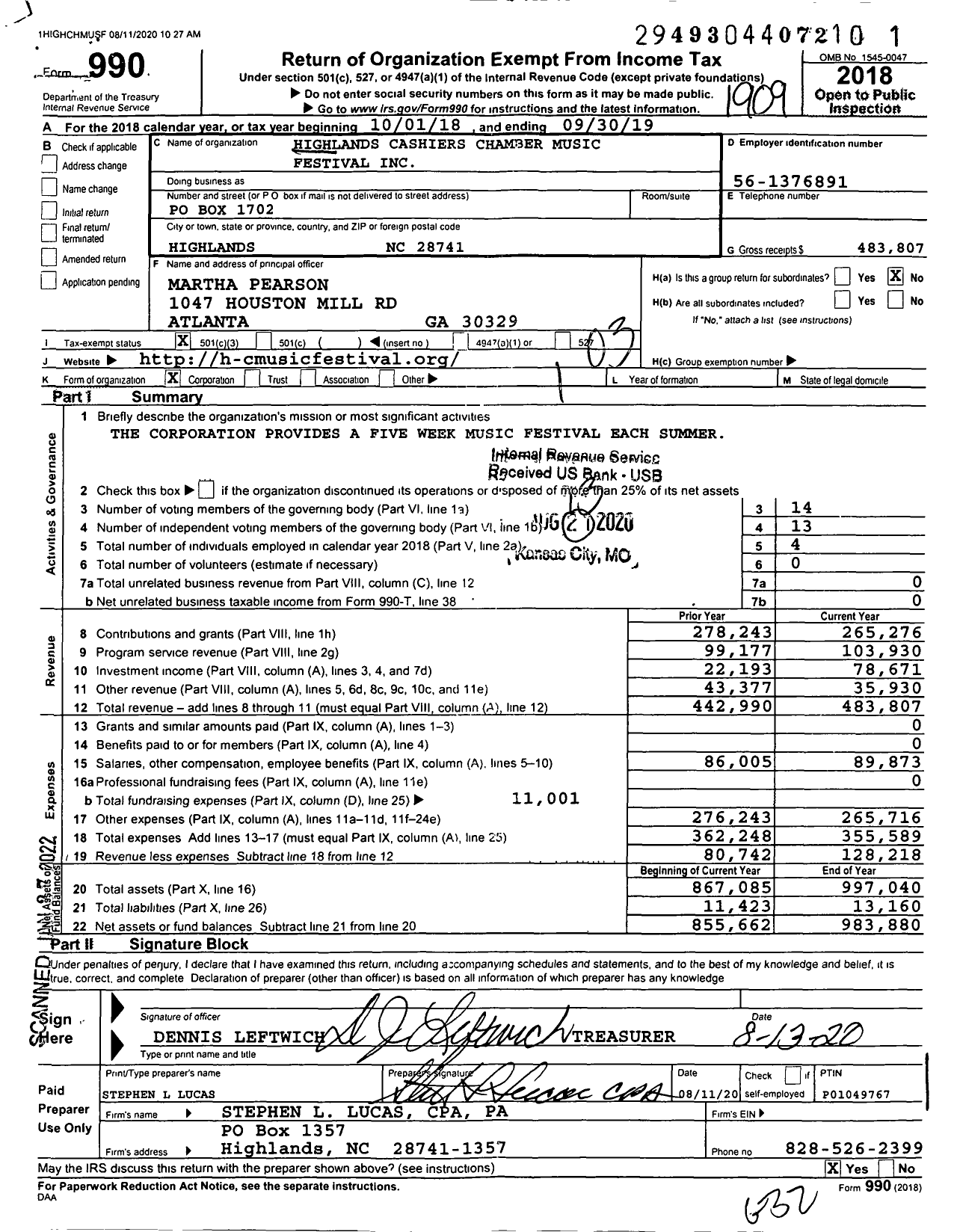 Image of first page of 2018 Form 990 for Highlands Chamber Music Festival