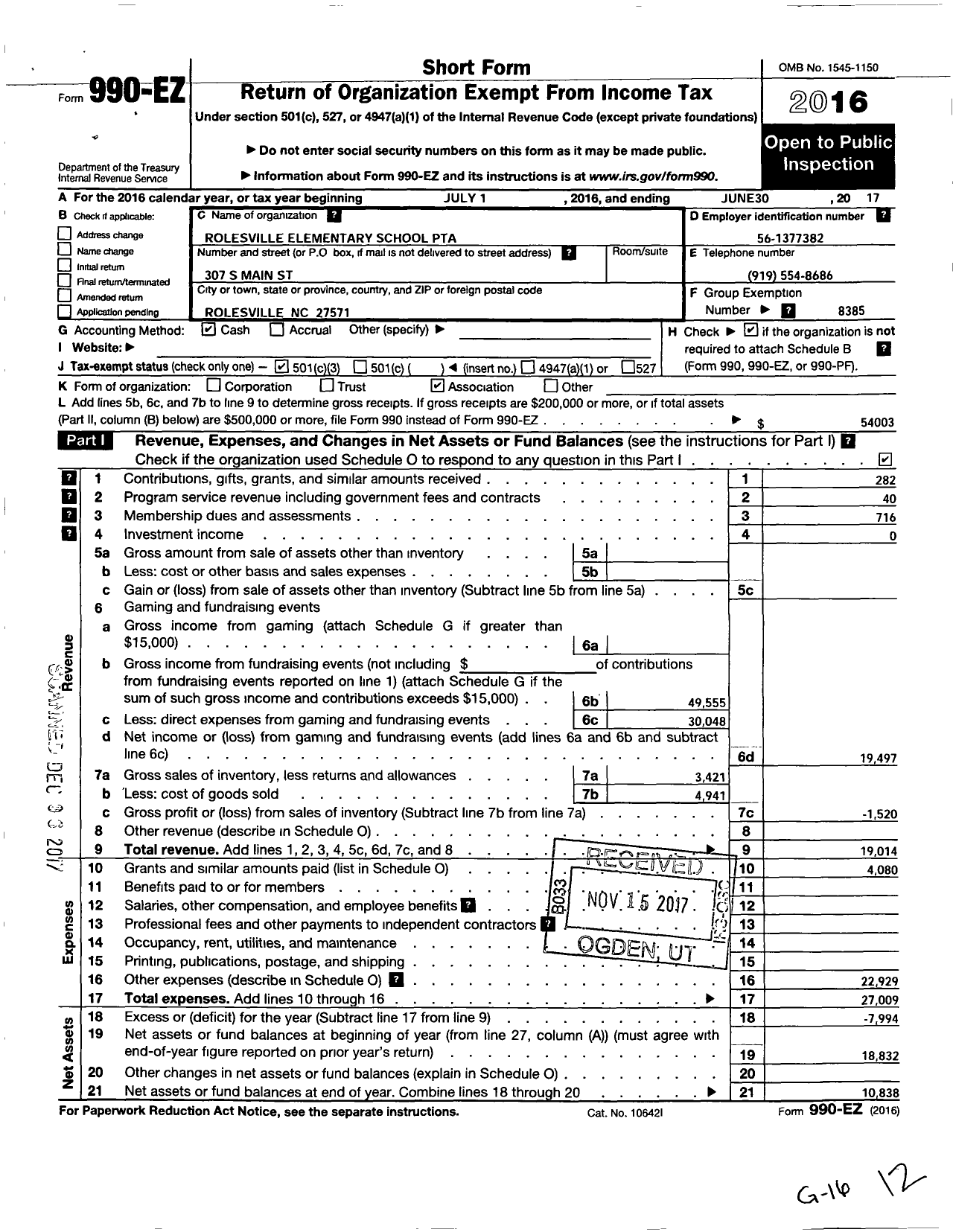 Image of first page of 2016 Form 990EZ for North Carolina PTA - Rolesville Elementary School PTA