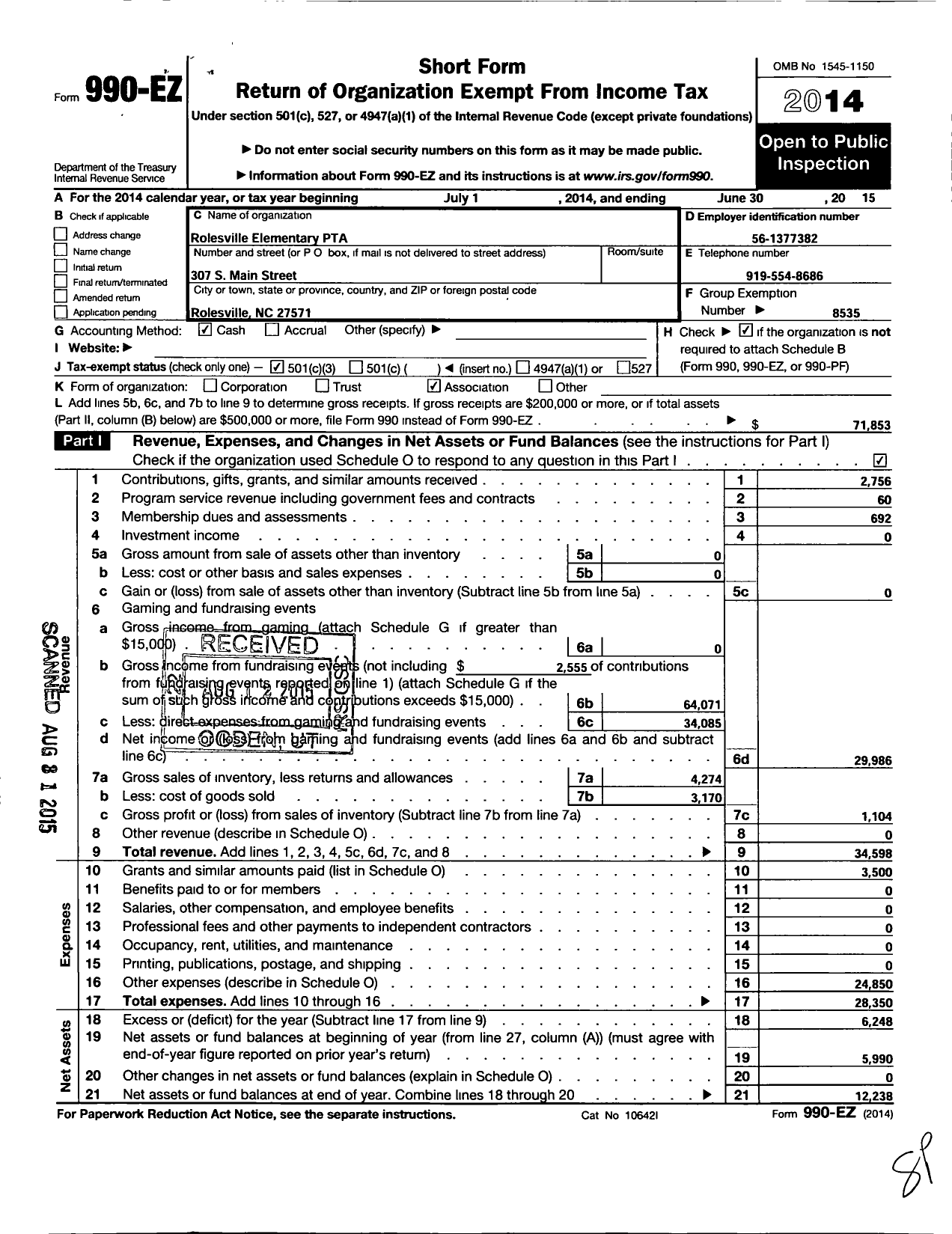 Image of first page of 2014 Form 990EZ for North Carolina PTA - Rolesville Elementary School PTA