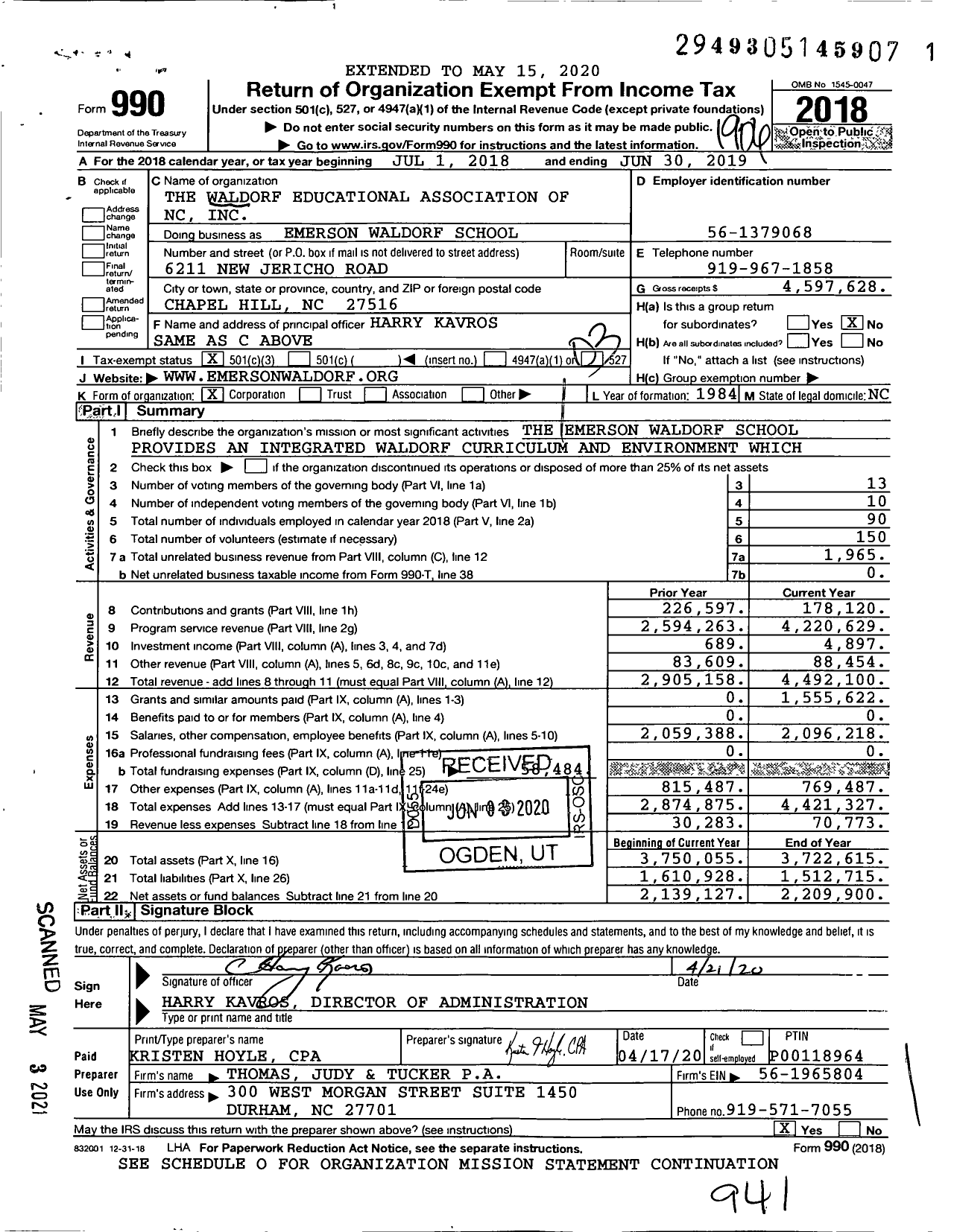 Image of first page of 2018 Form 990 for Emerson Waldorf School