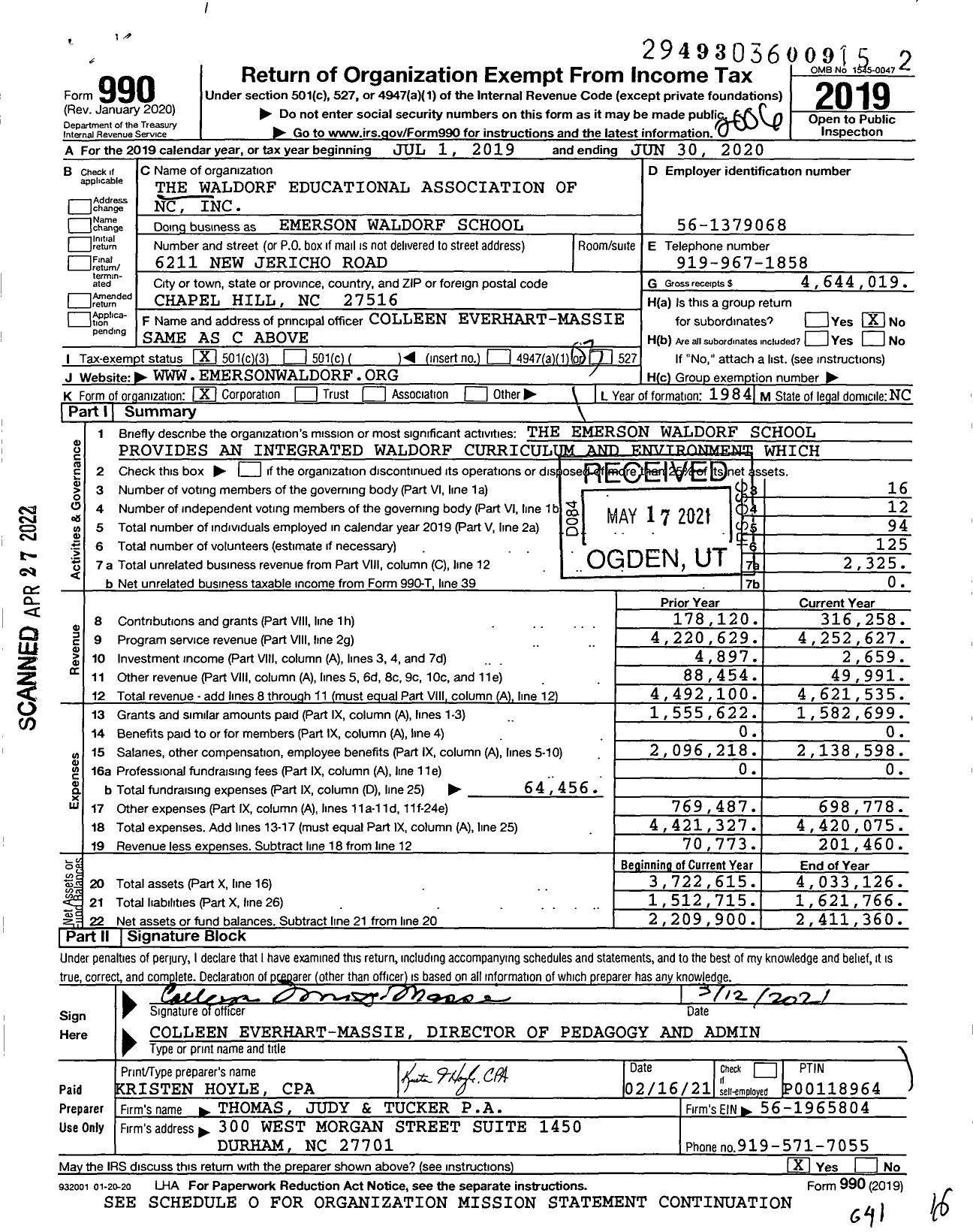 Image of first page of 2019 Form 990 for Emerson Waldorf School