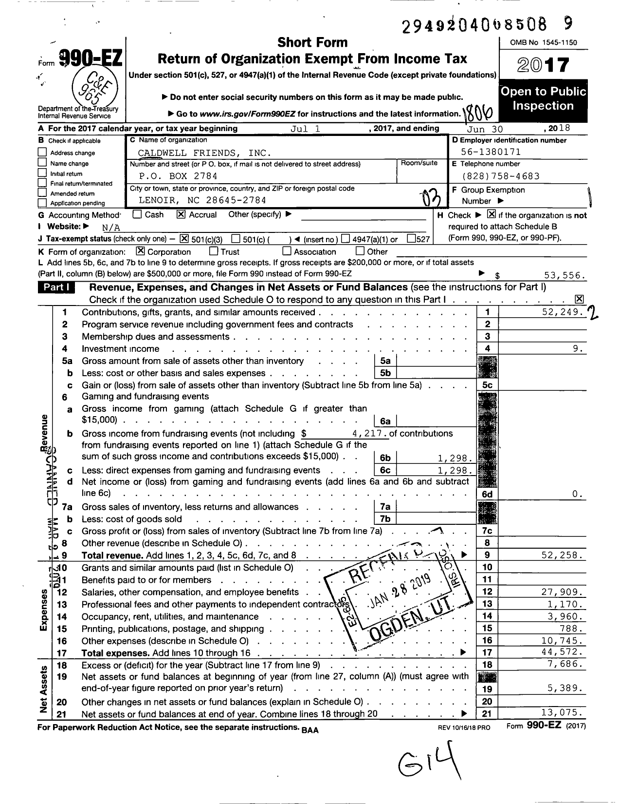 Image of first page of 2017 Form 990EZ for Caldwell Friends