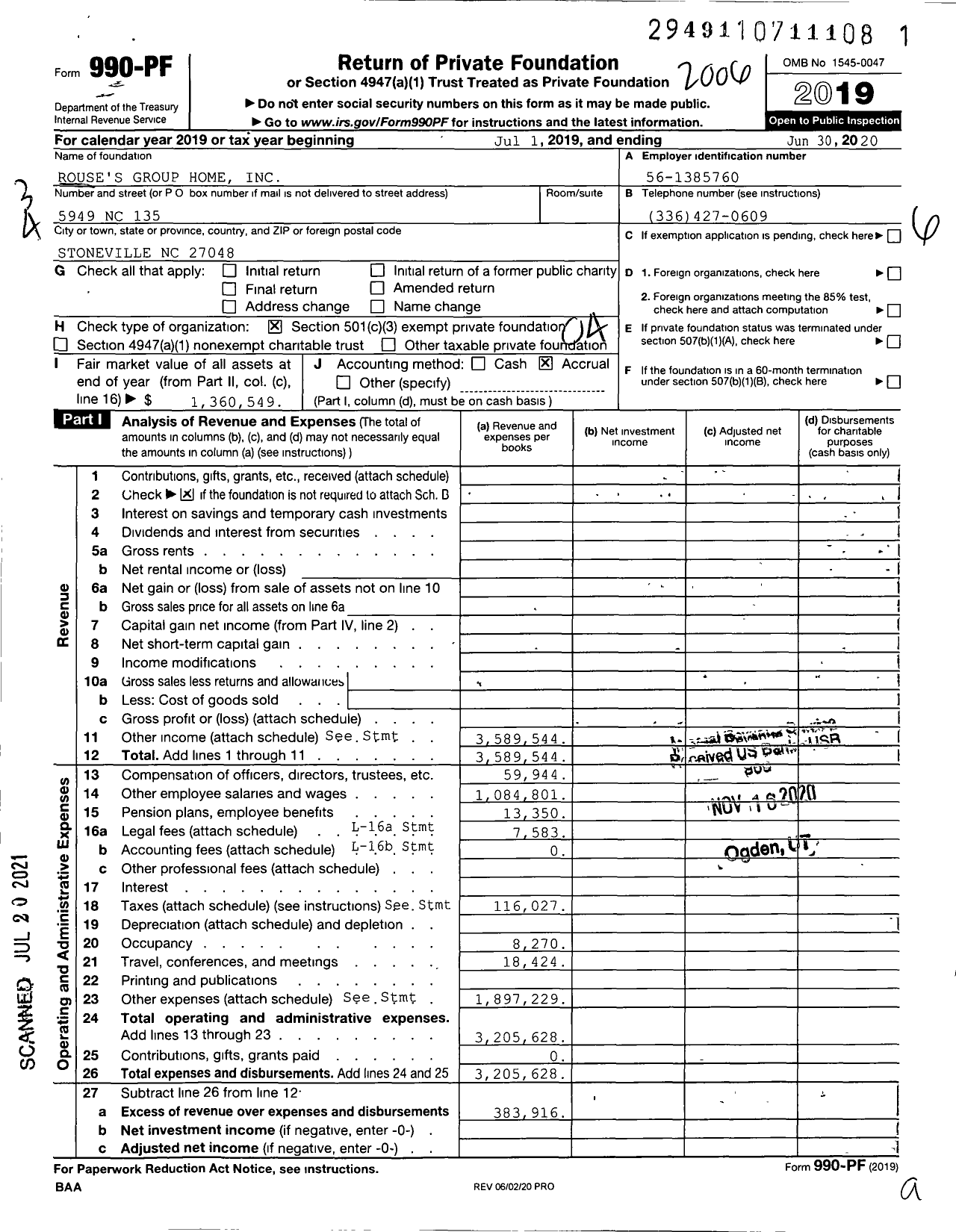 Image of first page of 2019 Form 990PF for Rouses Group Home