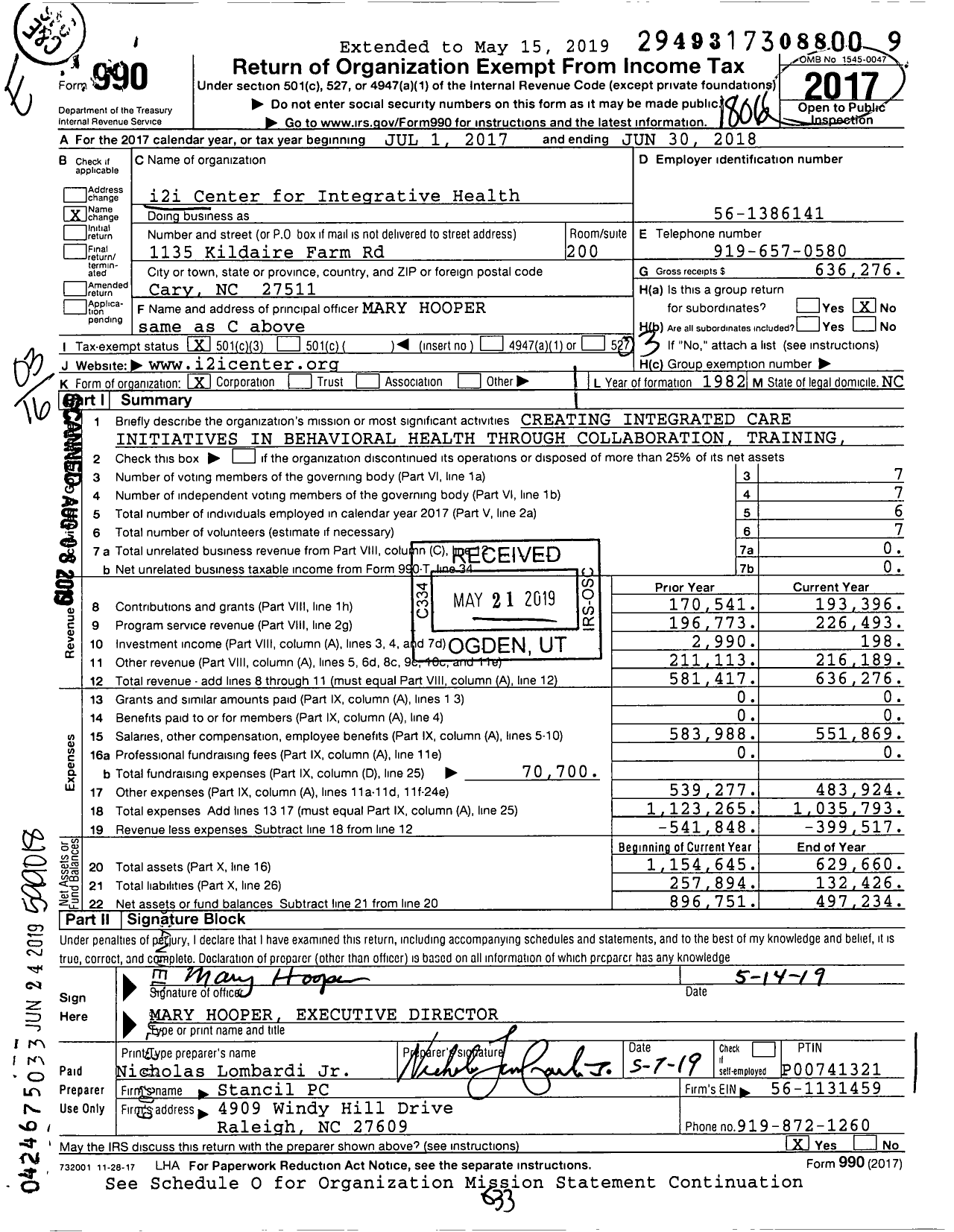 Image of first page of 2017 Form 990 for i2i Center for Integrative Health
