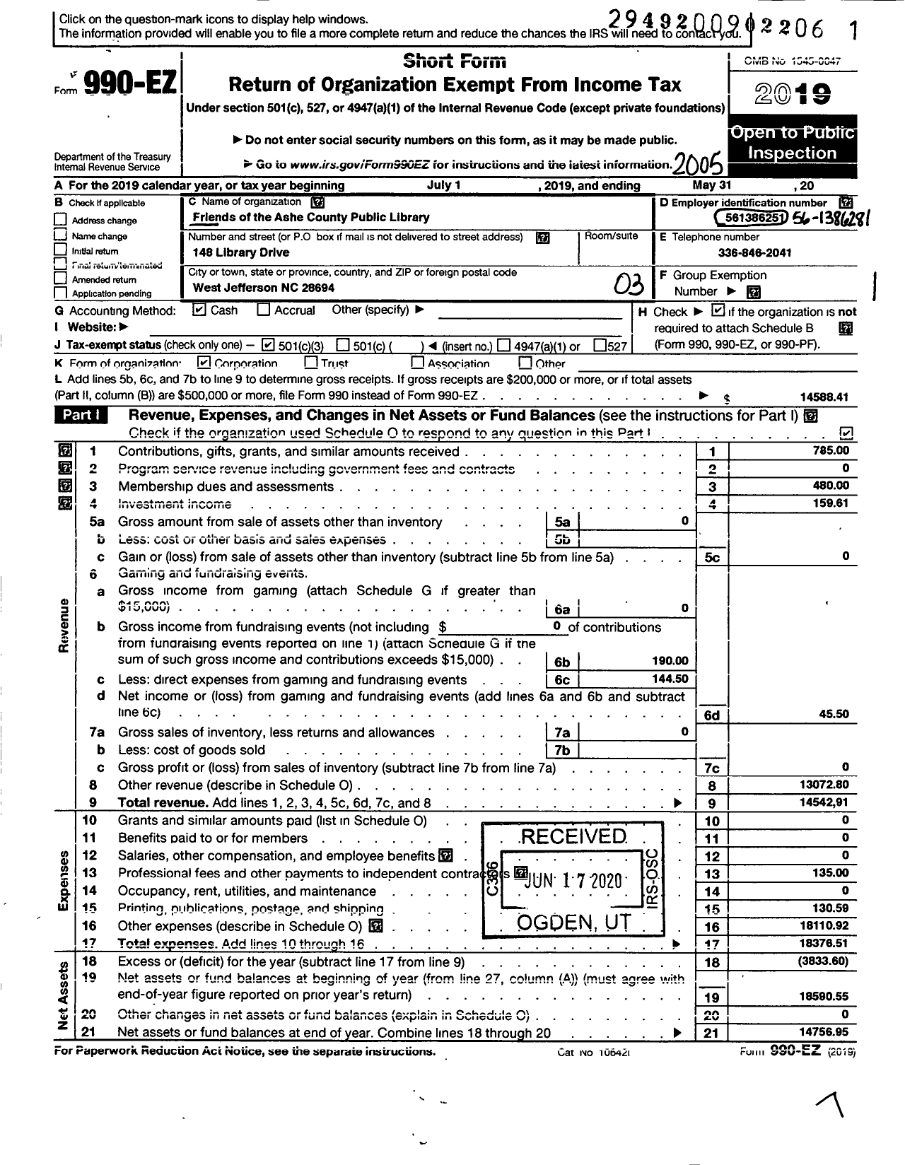 Image of first page of 2019 Form 990EZ for Friends of the Ashe County Public Library