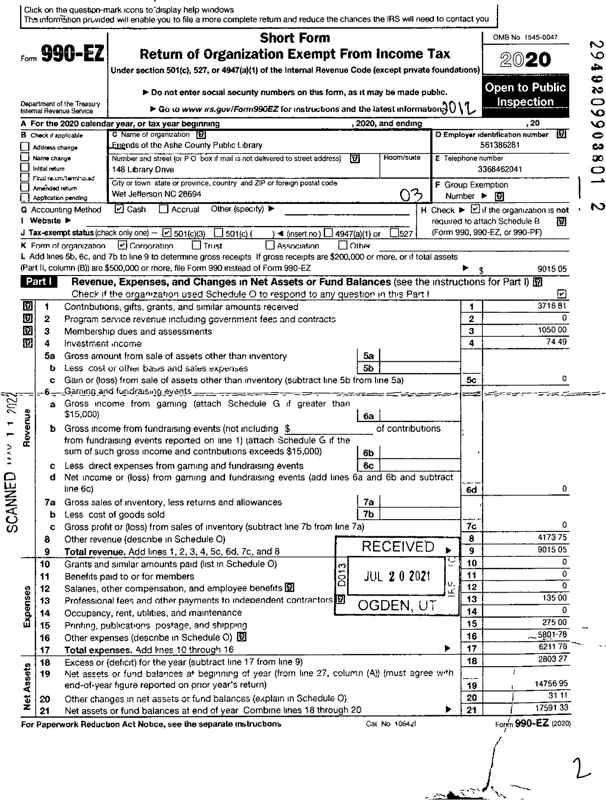 Image of first page of 2020 Form 990EZ for Friends of the Ashe County Public Library