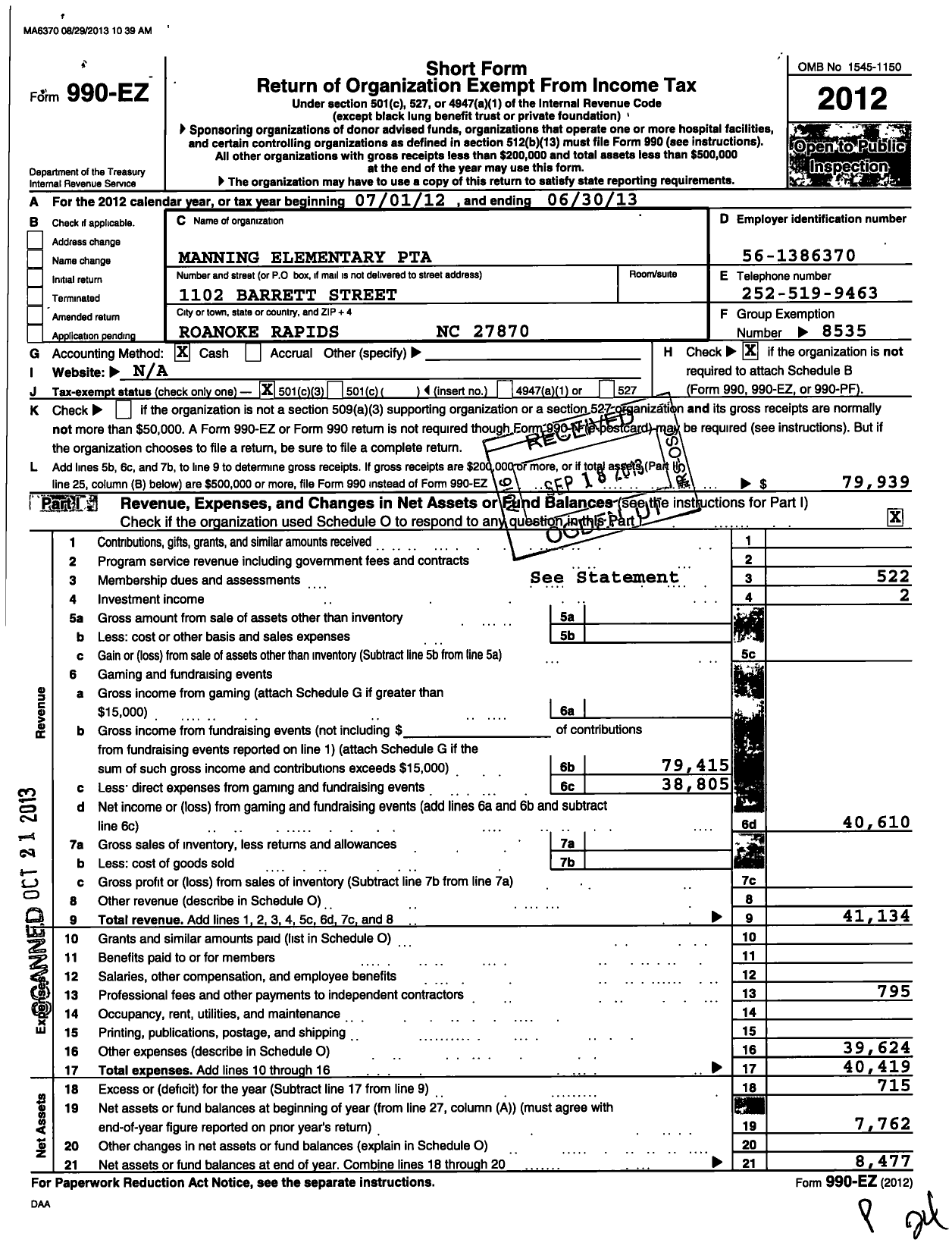 Image of first page of 2012 Form 990EZ for North Carolina PTA - Manning Elem School WL