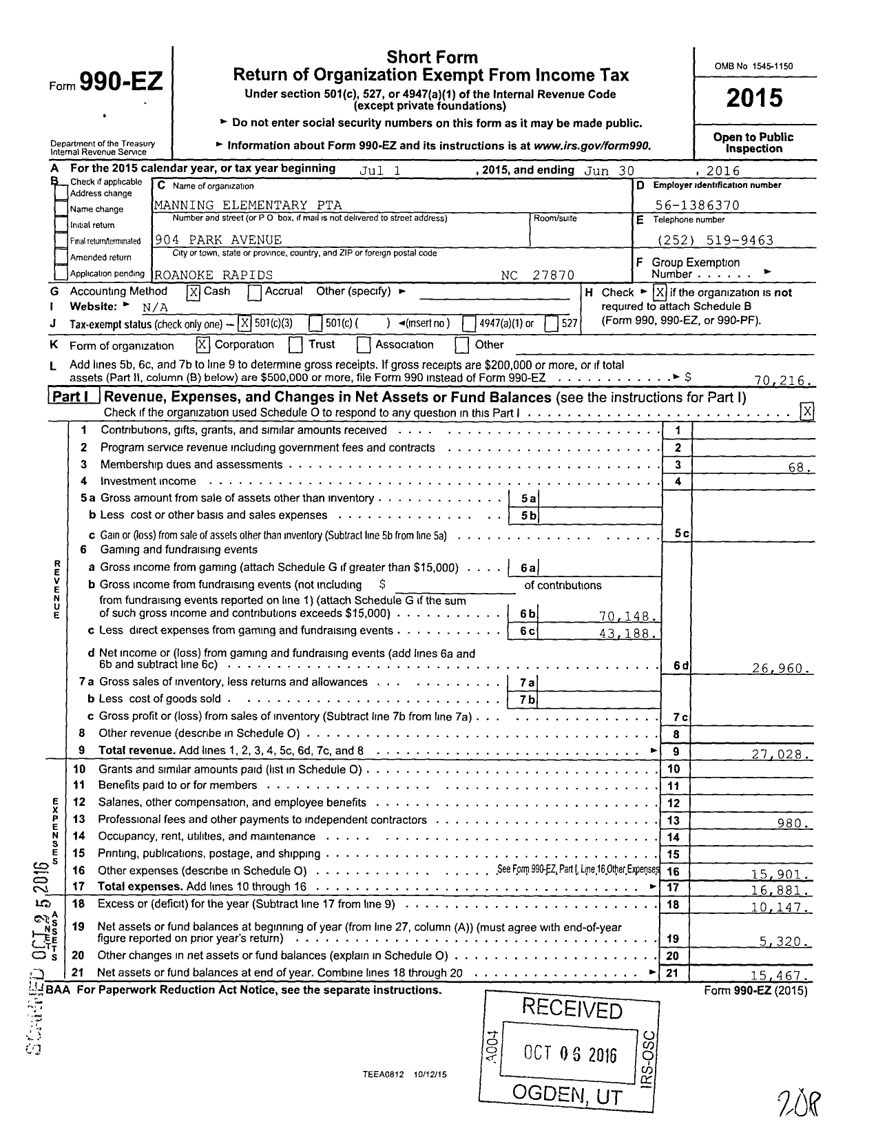 Image of first page of 2015 Form 990EZ for North Carolina PTA - Manning Elem School WL