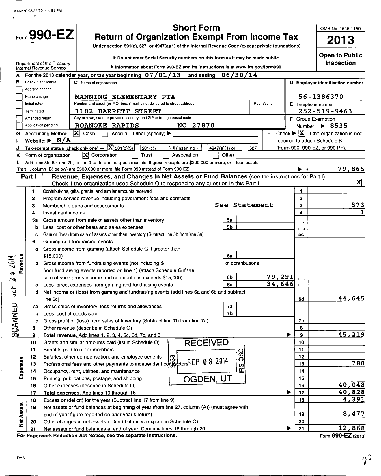 Image of first page of 2013 Form 990EZ for North Carolina PTA - Manning Elem School WL