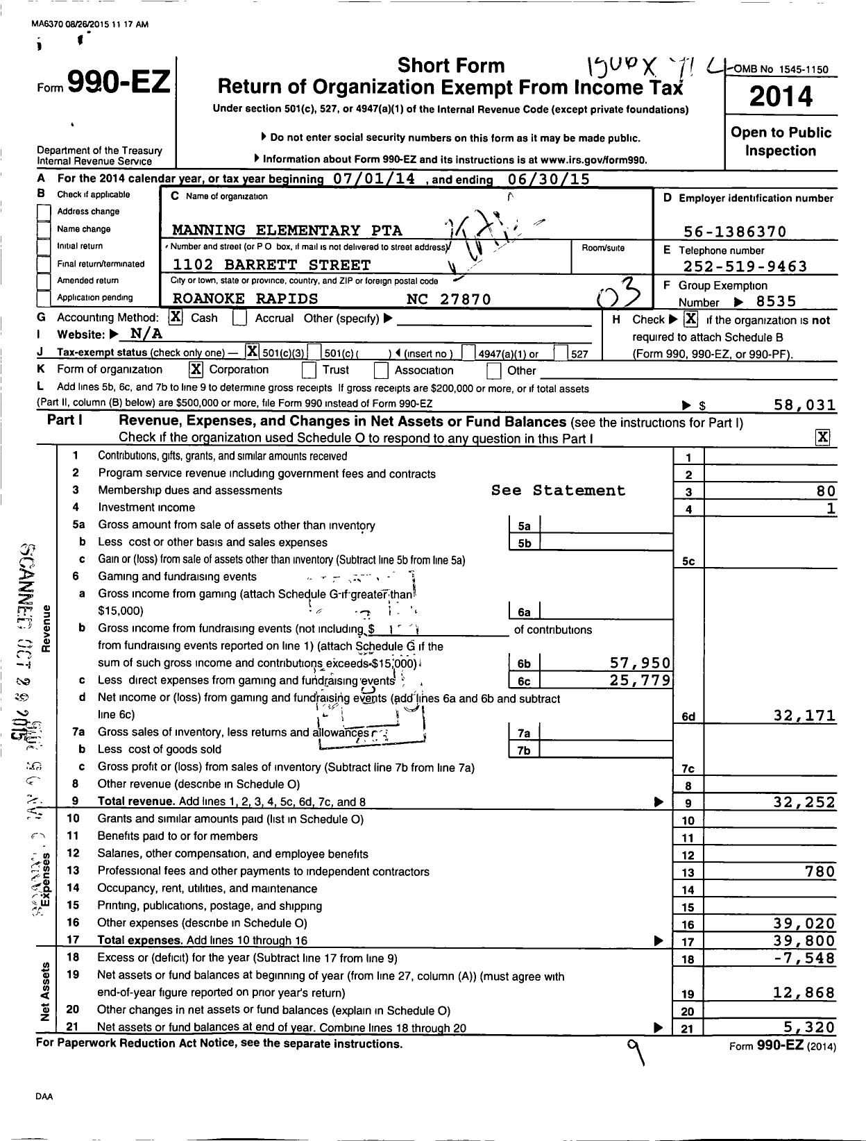 Image of first page of 2014 Form 990EZ for North Carolina PTA - Manning Elem School WL