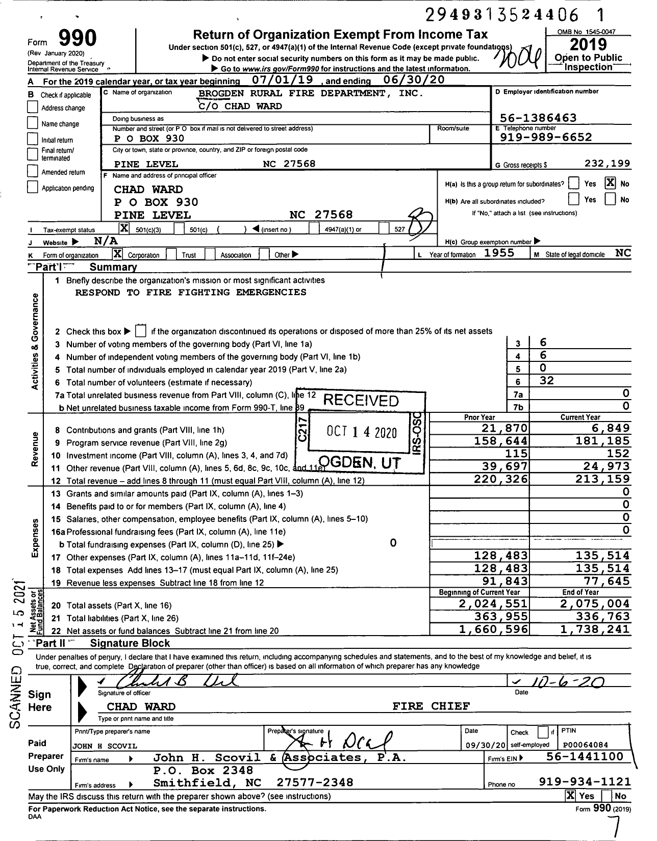 Image of first page of 2019 Form 990 for Brogden Rural Fire Dept