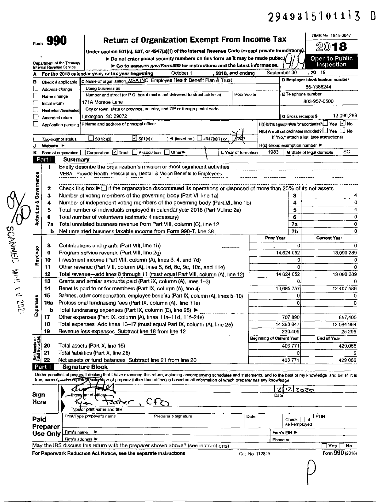 Image of first page of 2018 Form 990O for Medical Services of America Employee Health Benefit Plan Trust