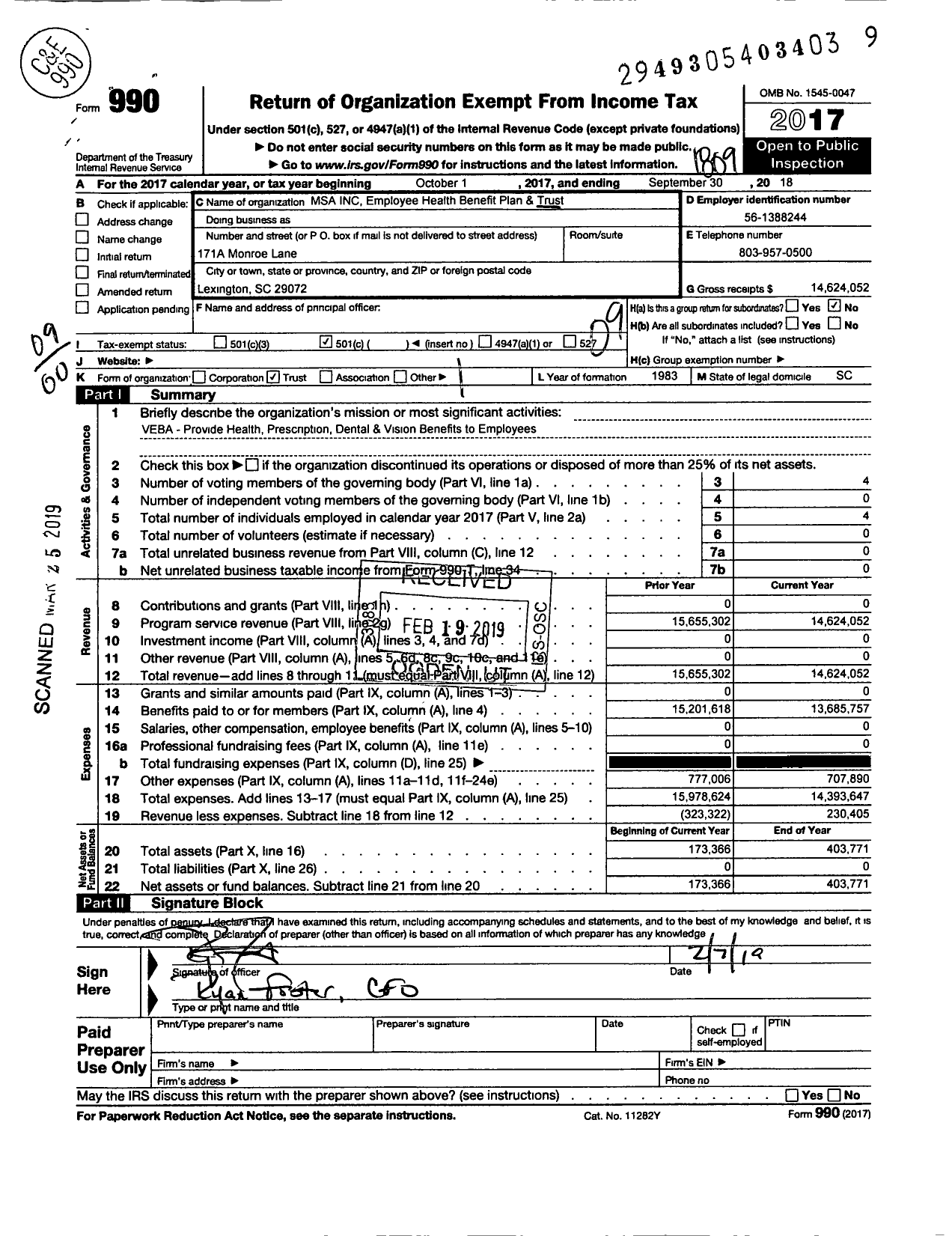 Image of first page of 2017 Form 990O for Medical Services of America Employee Health Benefit Plan Trust