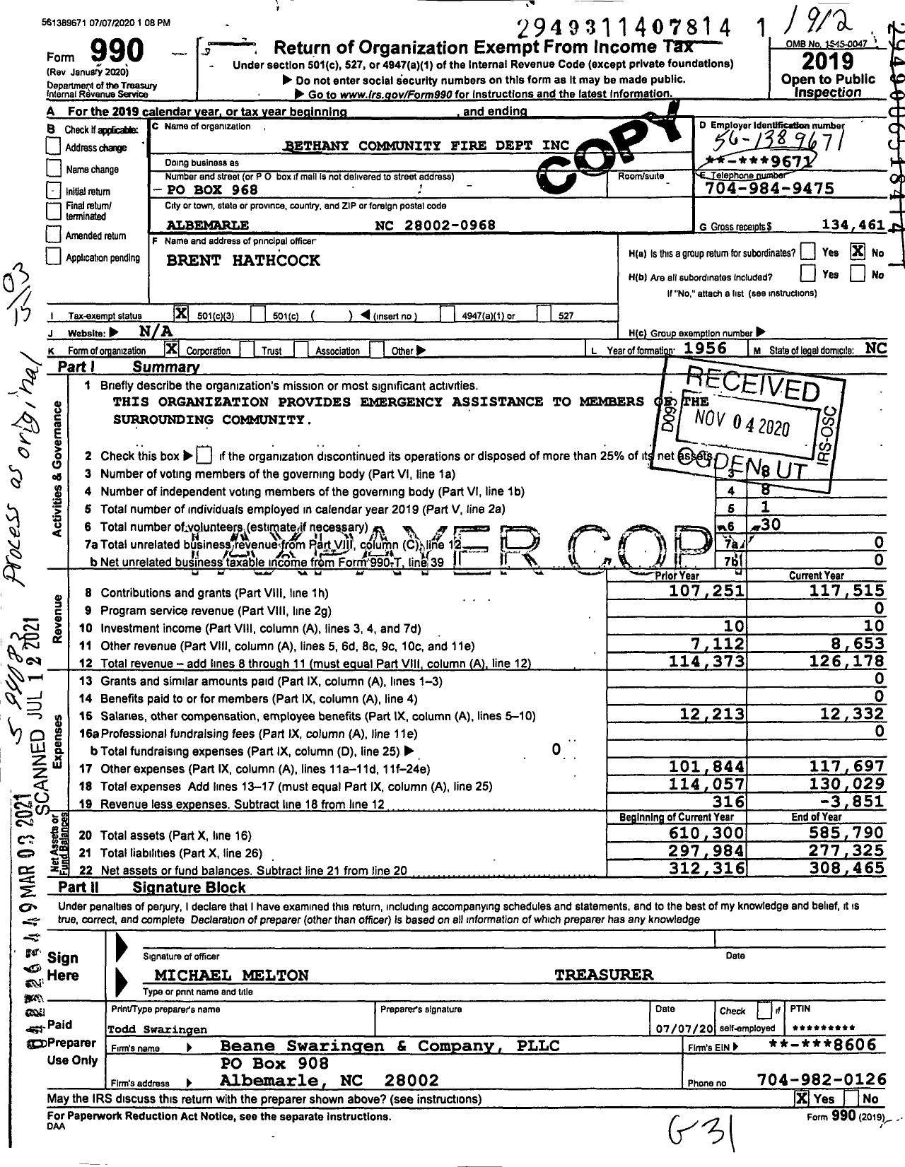 Image of first page of 2019 Form 990 for Bethany Community Fire Dept