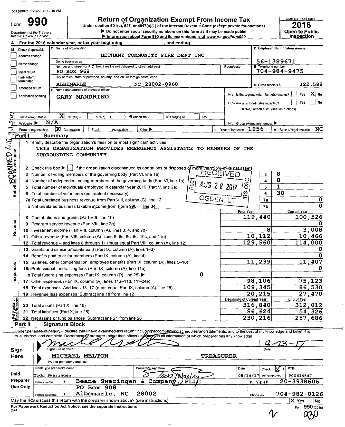 Image of first page of 2016 Form 990 for Bethany Community Fire Dept