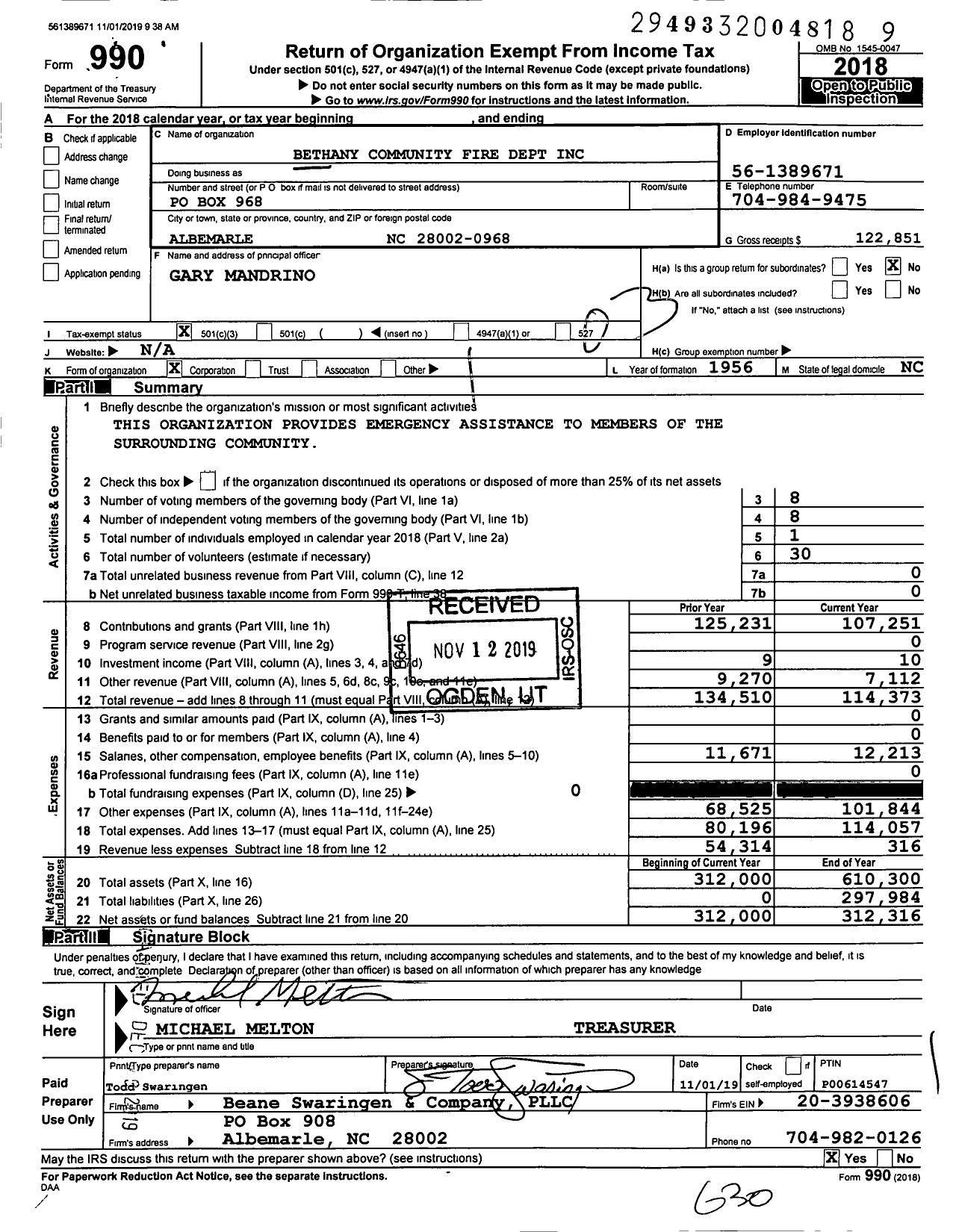 Image of first page of 2018 Form 990 for Bethany Community Fire Dept