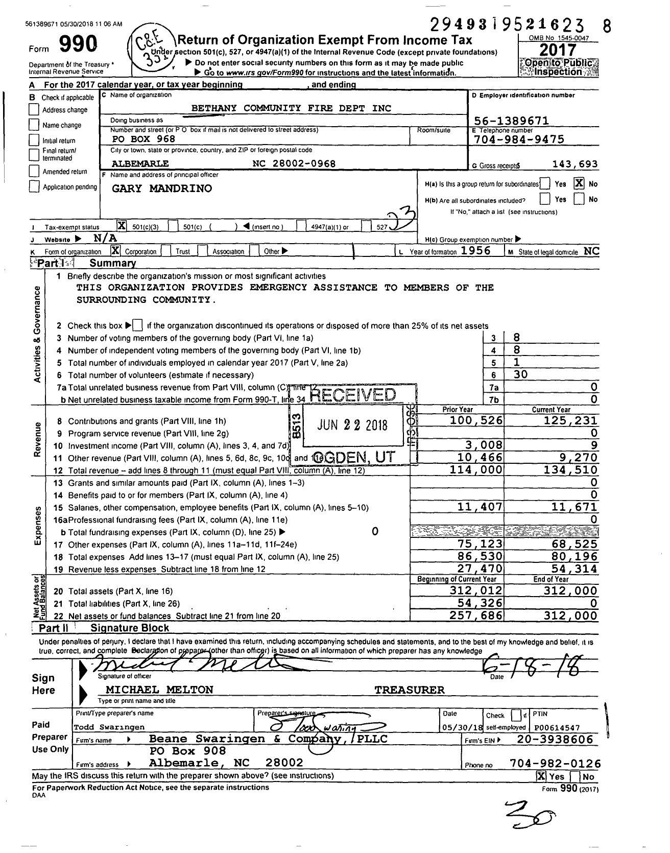 Image of first page of 2017 Form 990 for Bethany Community Fire Dept