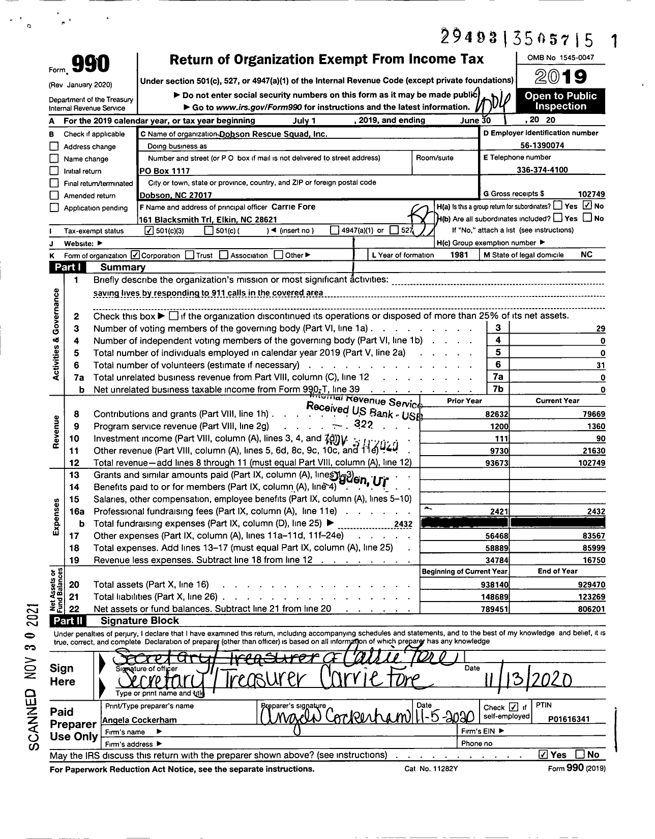 Image of first page of 2019 Form 990 for Dobson Rescue Squad