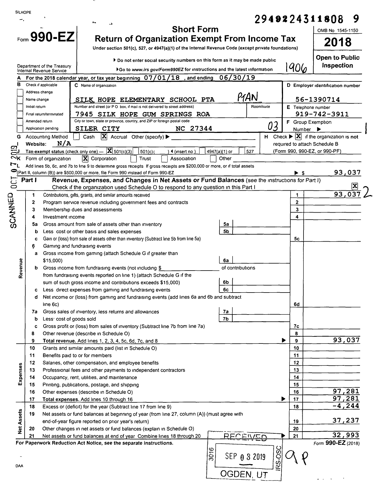 Image of first page of 2018 Form 990EZ for North Carolina PTA - Silk Hope Elementary School PTA