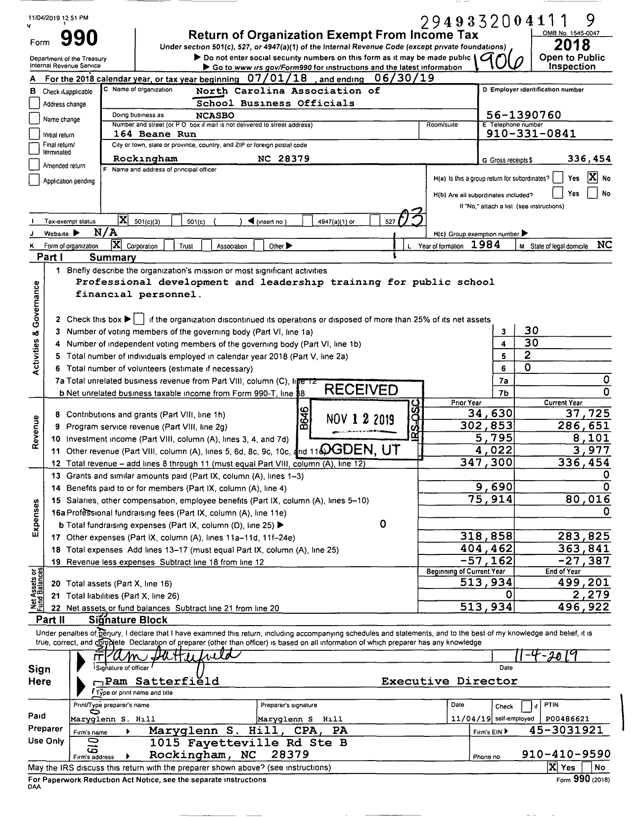 Image of first page of 2018 Form 990 for North Carolina Association of School Business Officials (NCASBO)