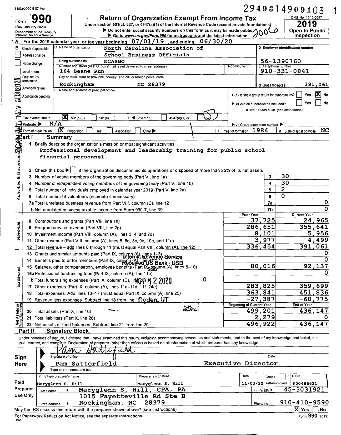 Image of first page of 2019 Form 990 for North Carolina Association of School Business Officials (NCASBO)