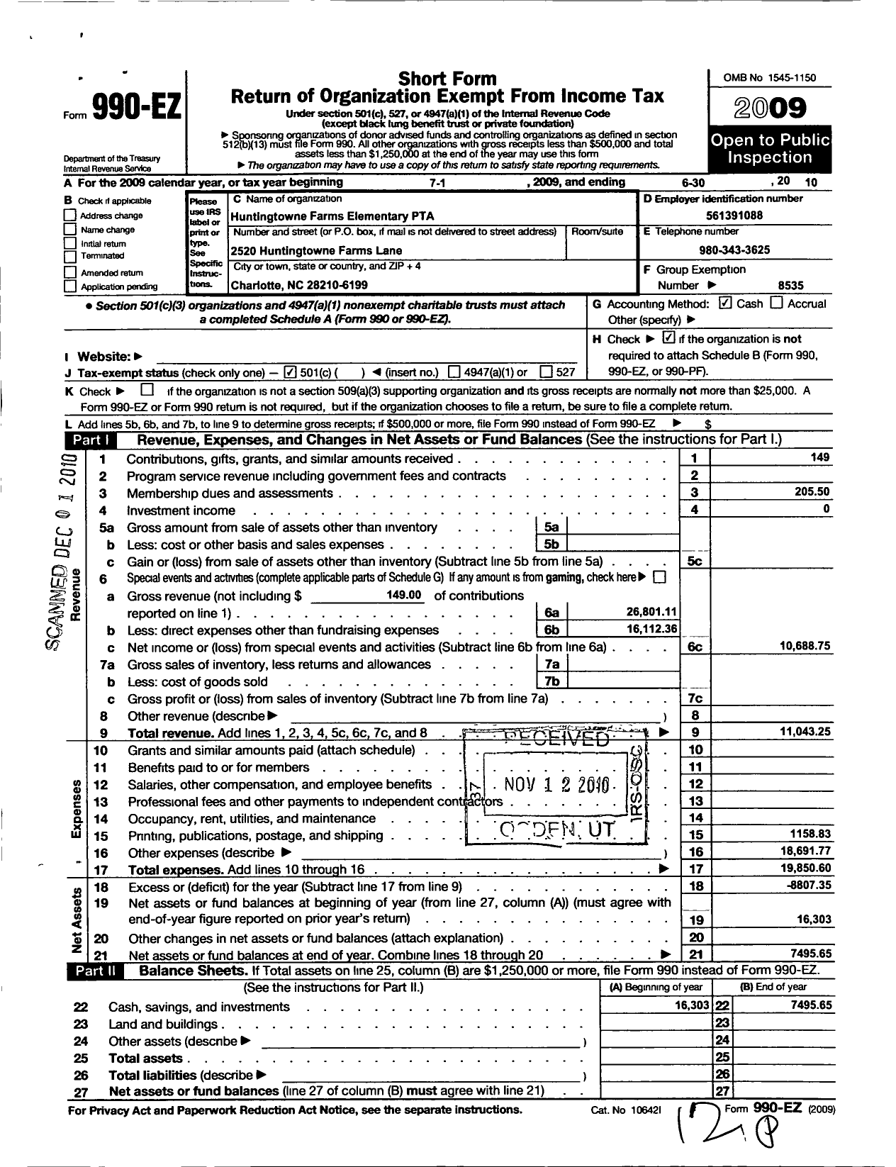 Image of first page of 2009 Form 990EO for North Carolina PTA - Huntingtowne Farms School PTA