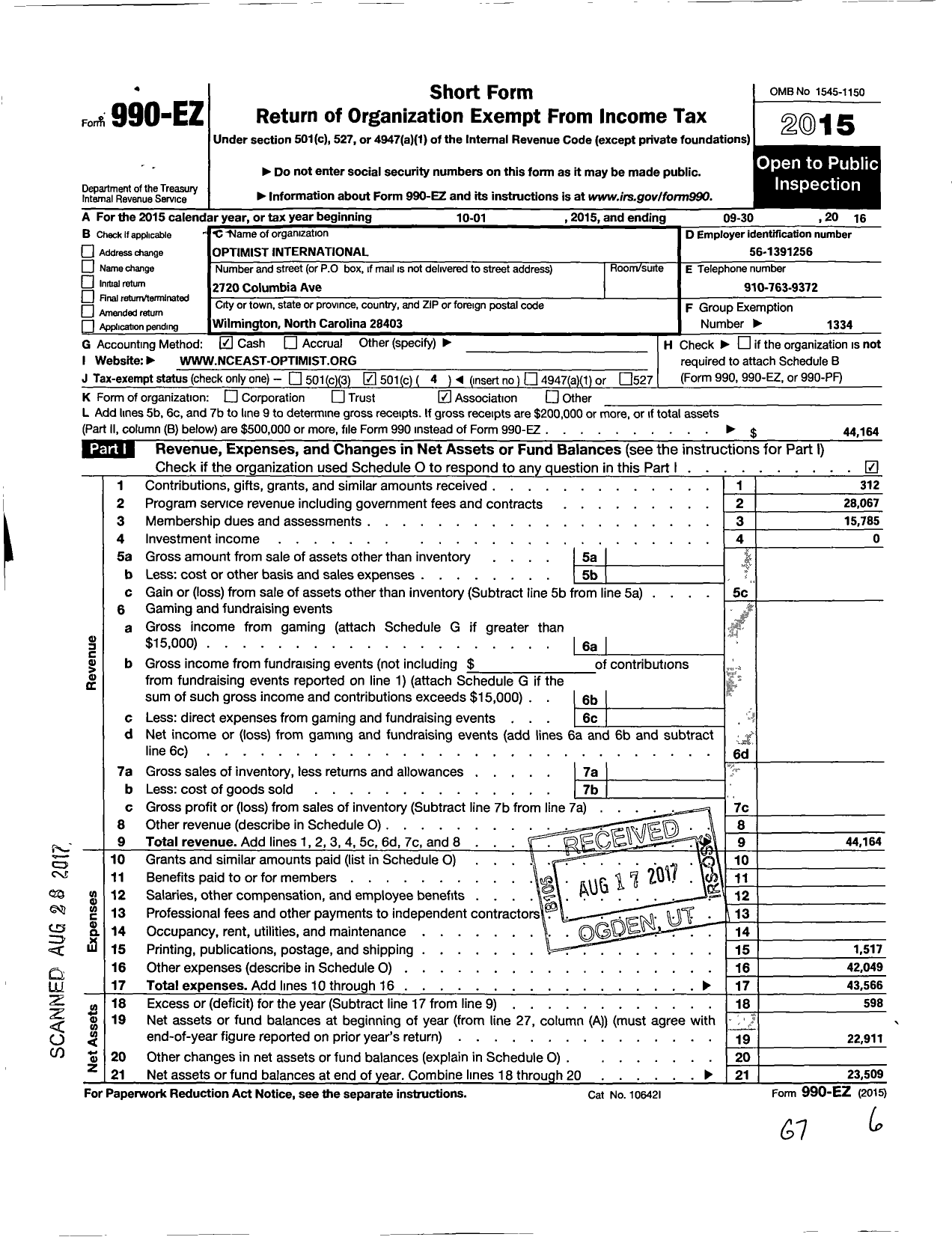 Image of first page of 2015 Form 990EO for Optimist International - 43999 North Carolina East District